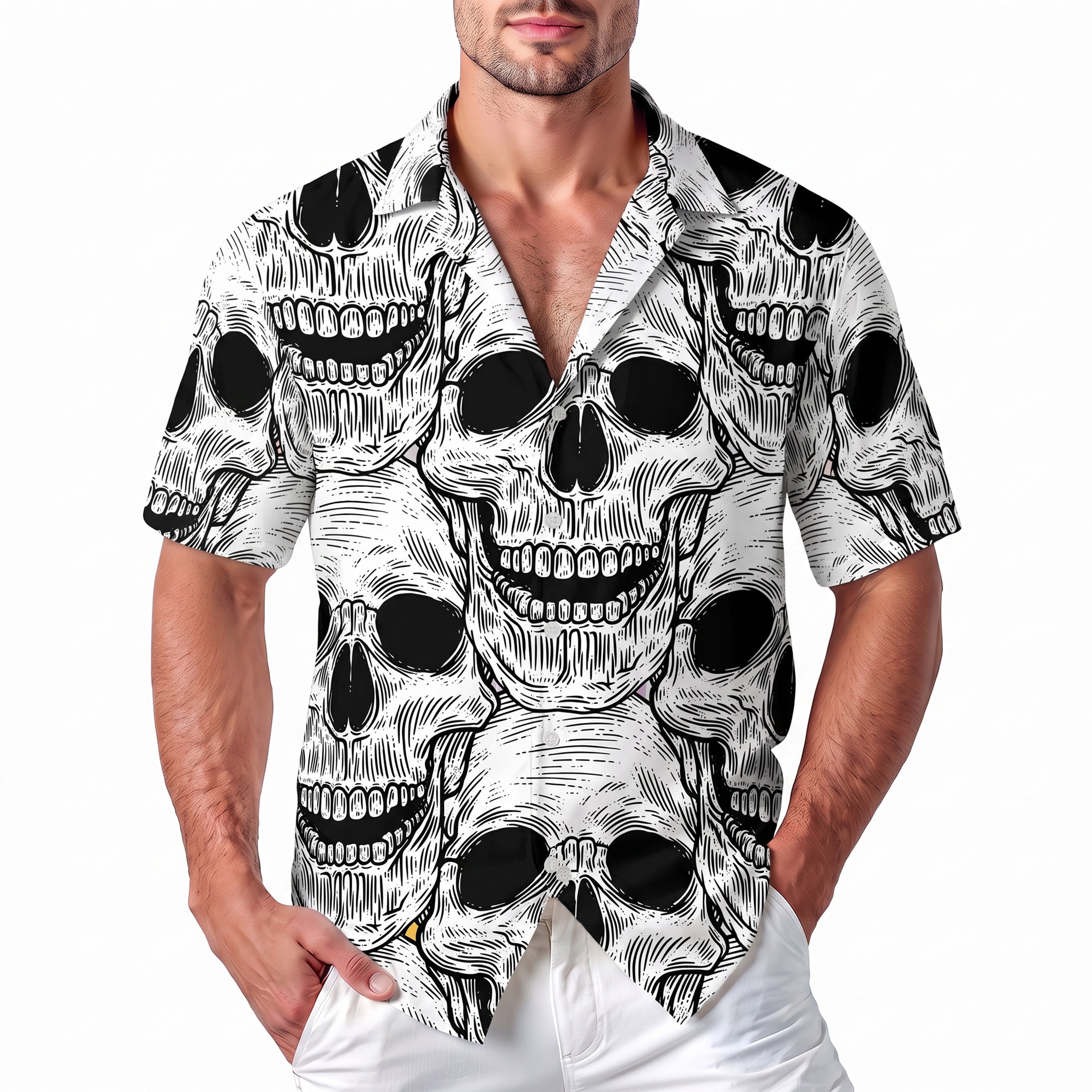 Halloween Hawaiian Shirt - Black and White Skull Pattern Button Up