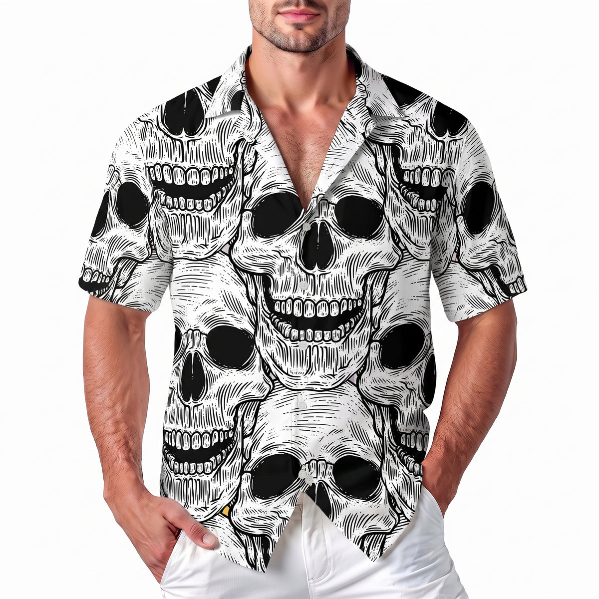 Halloween Hawaiian Shirt - Black and White Skull Pattern Button Up