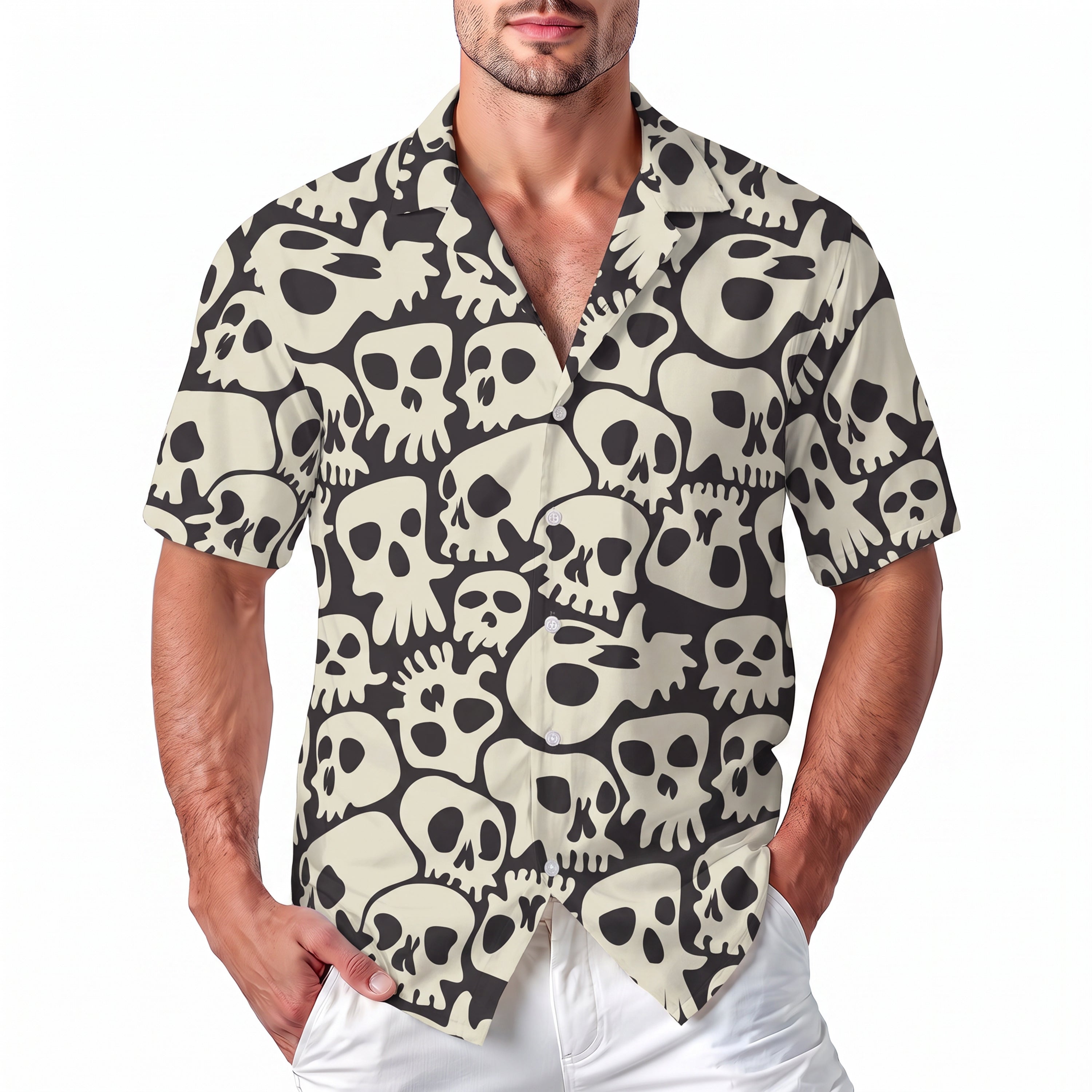 Halloween Hawaiian Shirt - Retro Skull Pattern Spooky Button Up Shirt