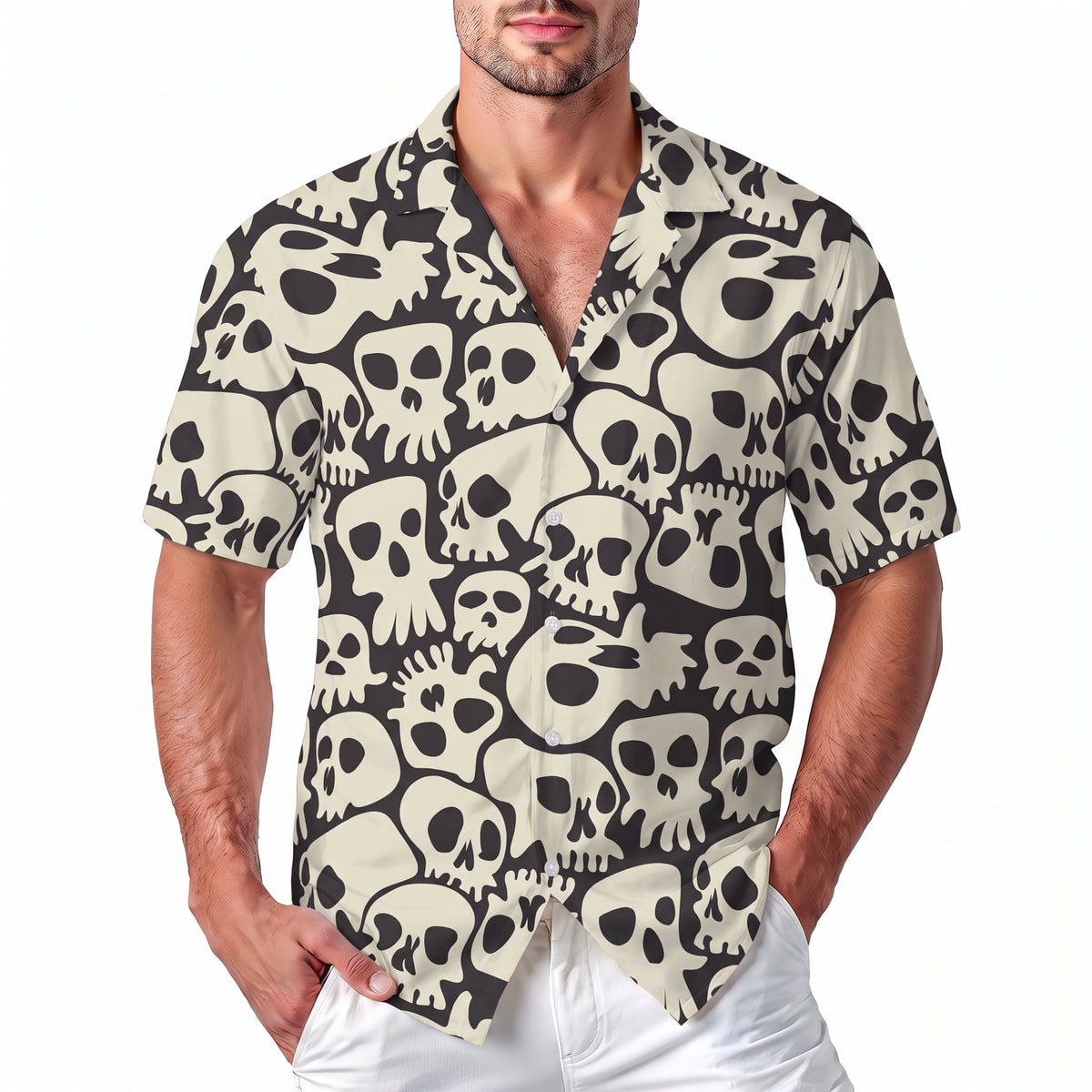 Halloween Hawaiian Shirt - Retro Skull Pattern Spooky Button Up Shirt