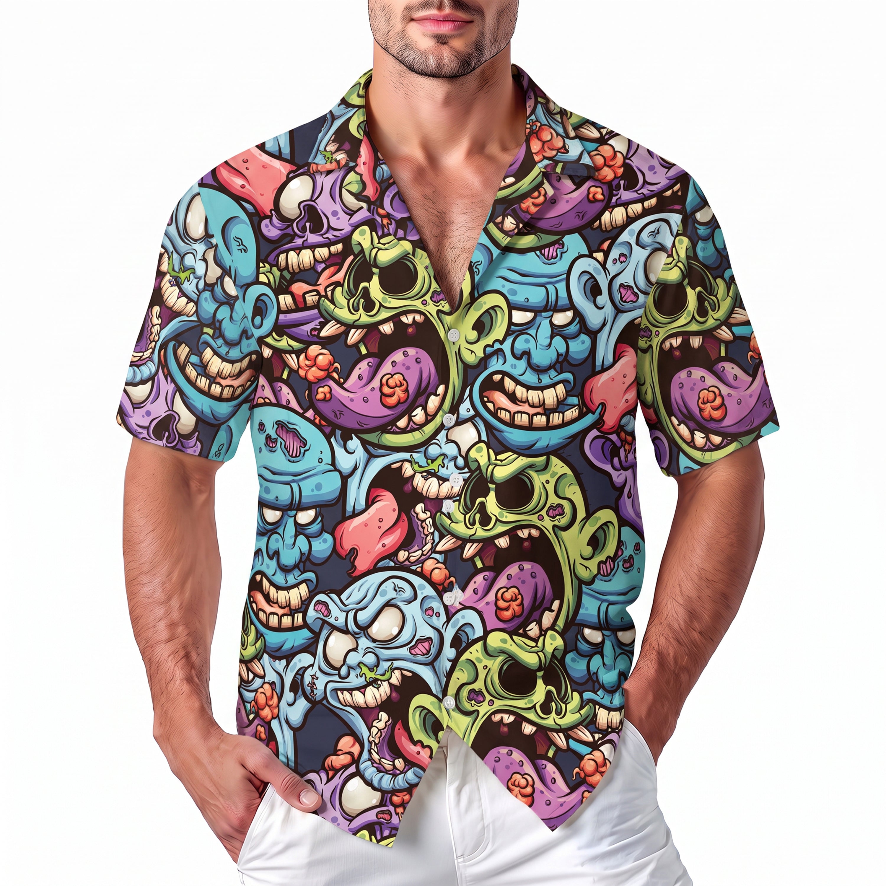 Halloween Hawaiian Shirt - Colorful Zombie Monster Button Up Shirt