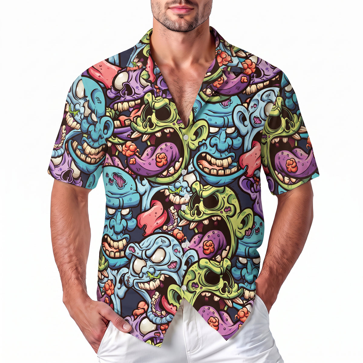 Halloween Hawaiian Shirt - Colorful Zombie Monster Button Up Shirt