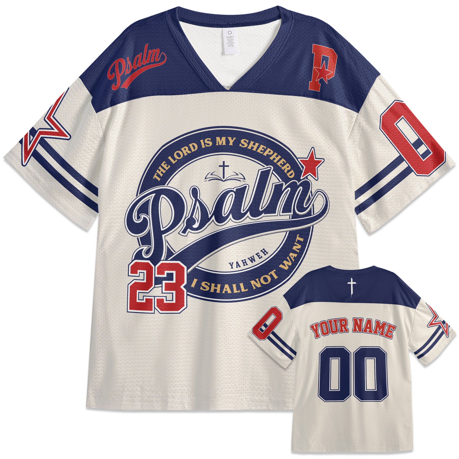 Custom Religious Drop Shoulder Football Jersey Psalm 23 - Personalized Name Number