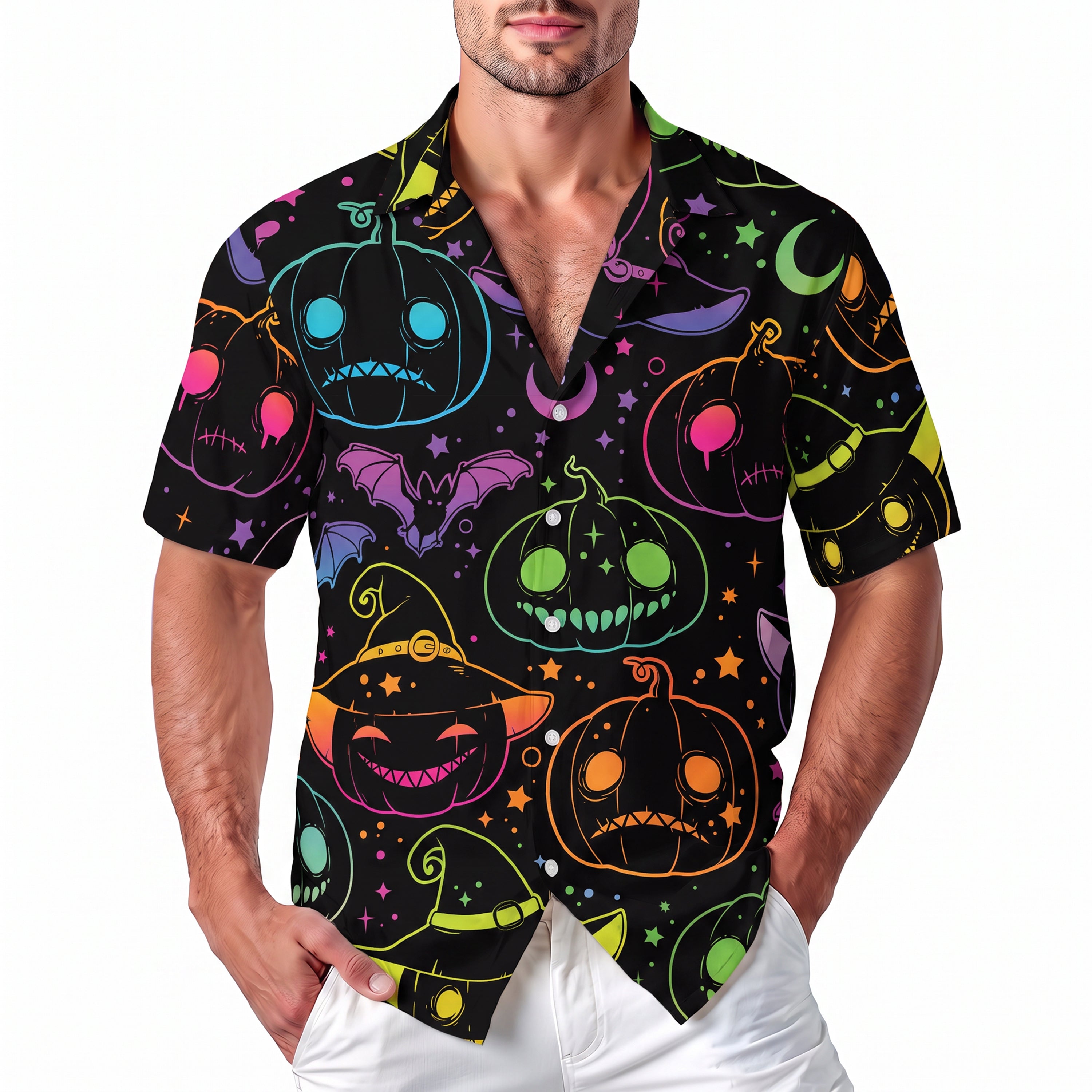 Halloween Hawaiian Shirt - Neon Pumpkin Witch Hat and Bat Button Up