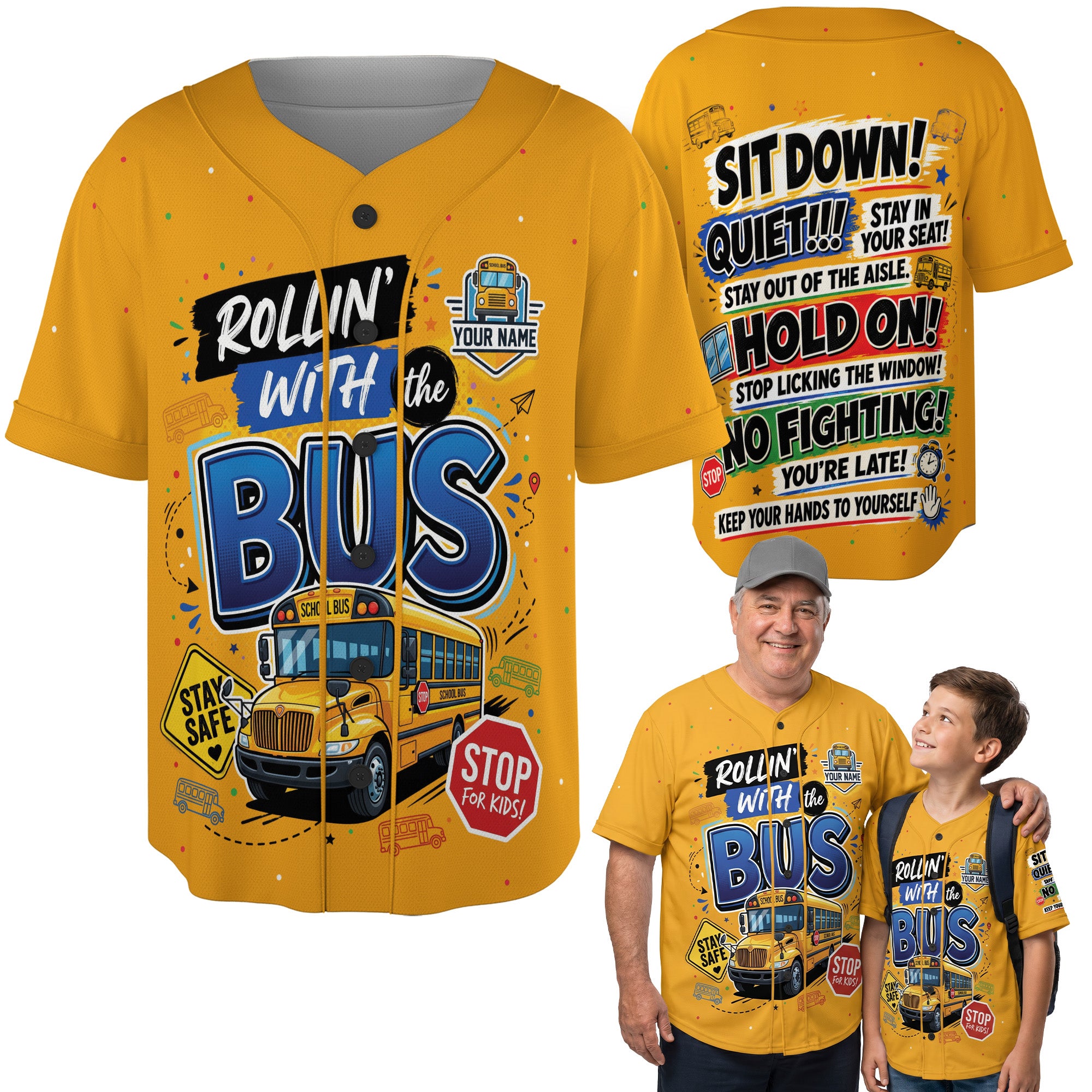 Custom School Bus Baseball Jersey Rolling with the Bus - Personalized Name
