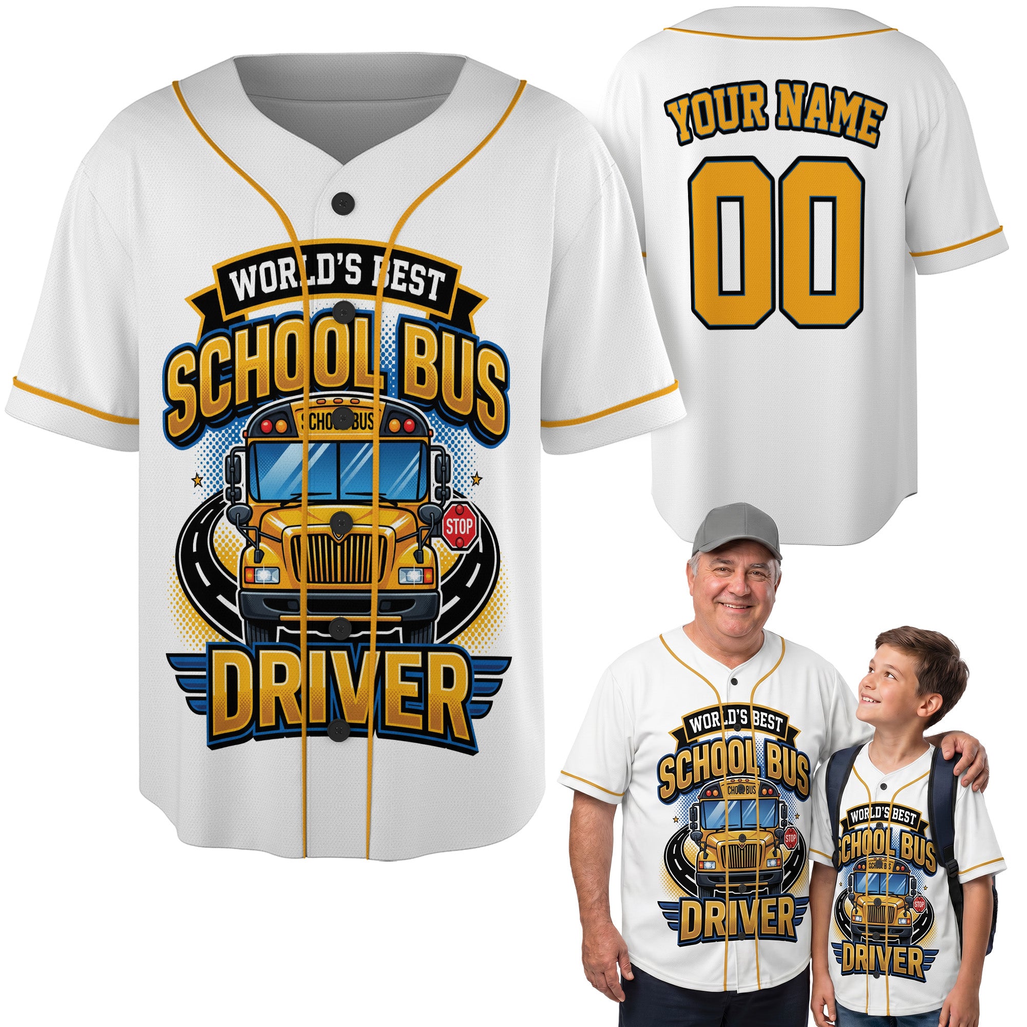 Custom School Bus Baseball Jersey World's Best - Personalized Name Number