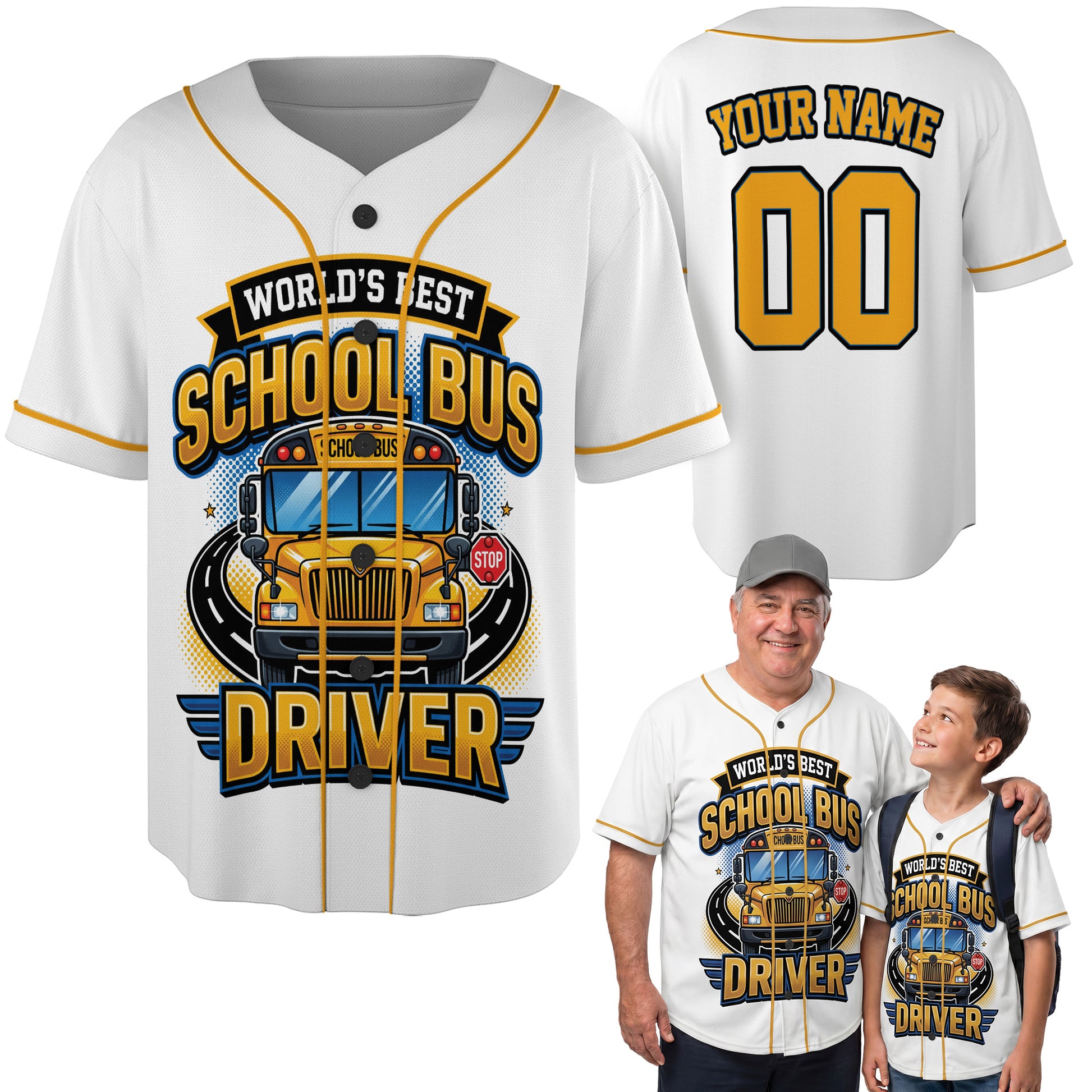 Custom School Bus Baseball Jersey World's Best - Personalized Name Number