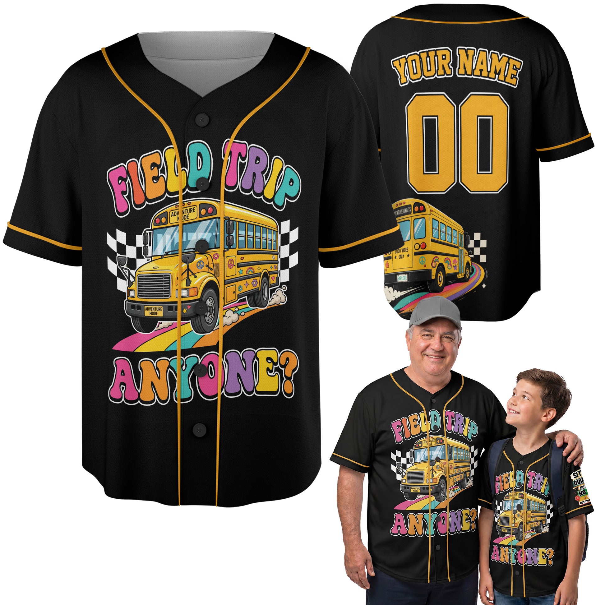 Custom School Bus Baseball Jersey Field Trip - Personalized Name Number
