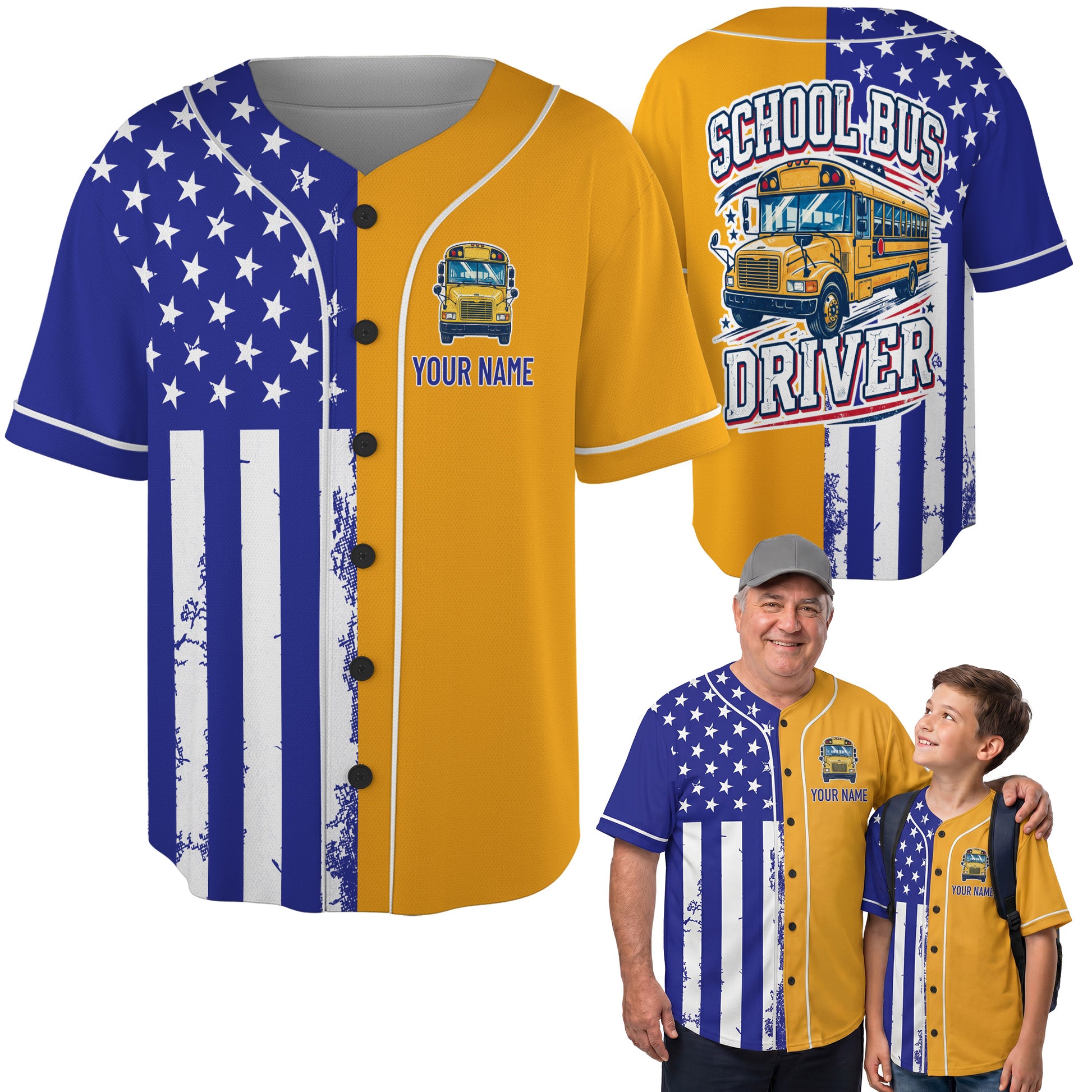 Custom School Bus Baseball Jersey US Flag - Personalized Name