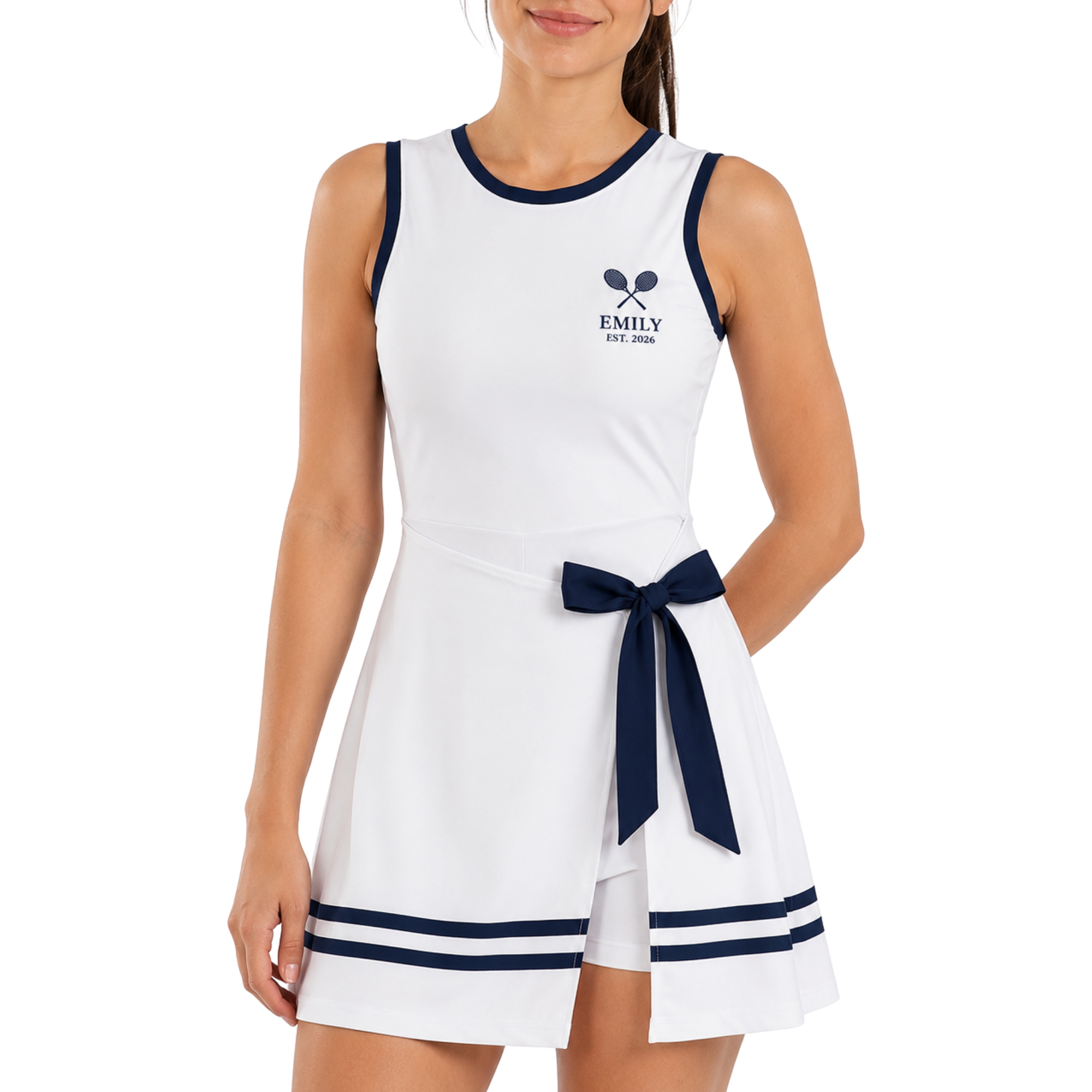 Custom Women's Tie Front Tennis Dress with Skort White and Navy - Design Your Own