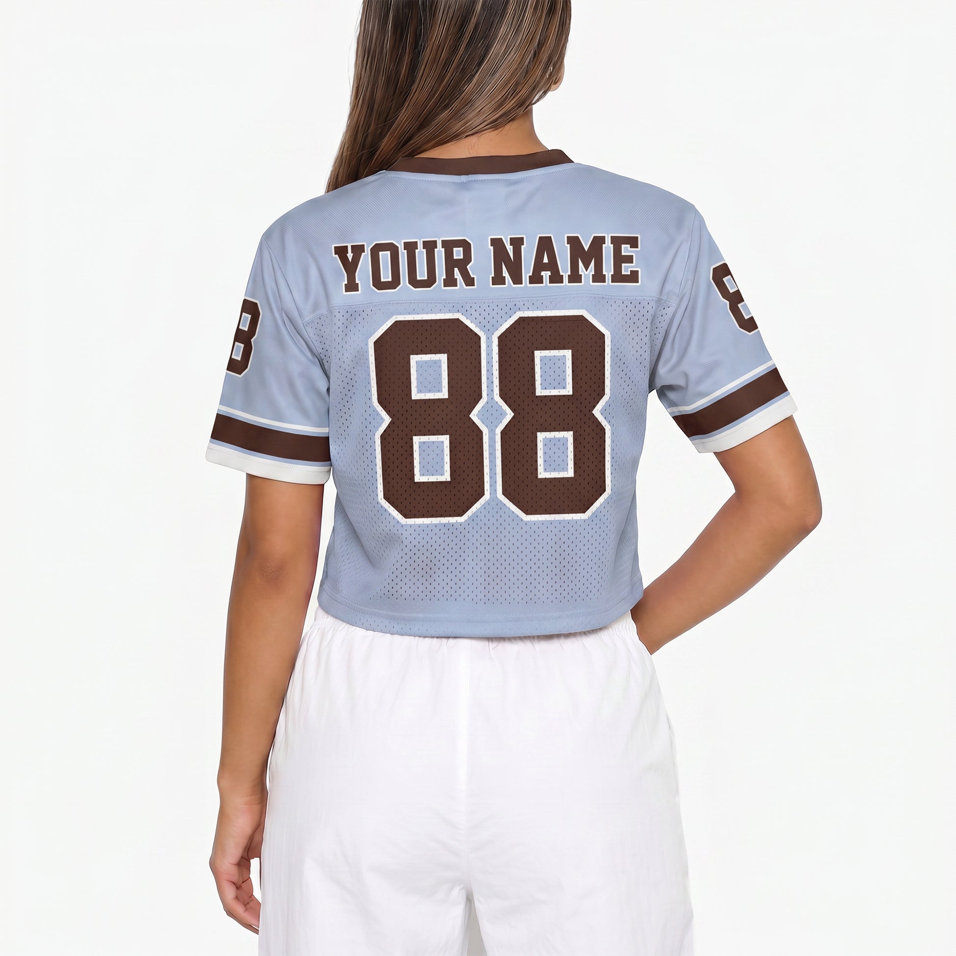 Custom Women's Crop Football Jersey Baby Blue and Brown - Design Your Own