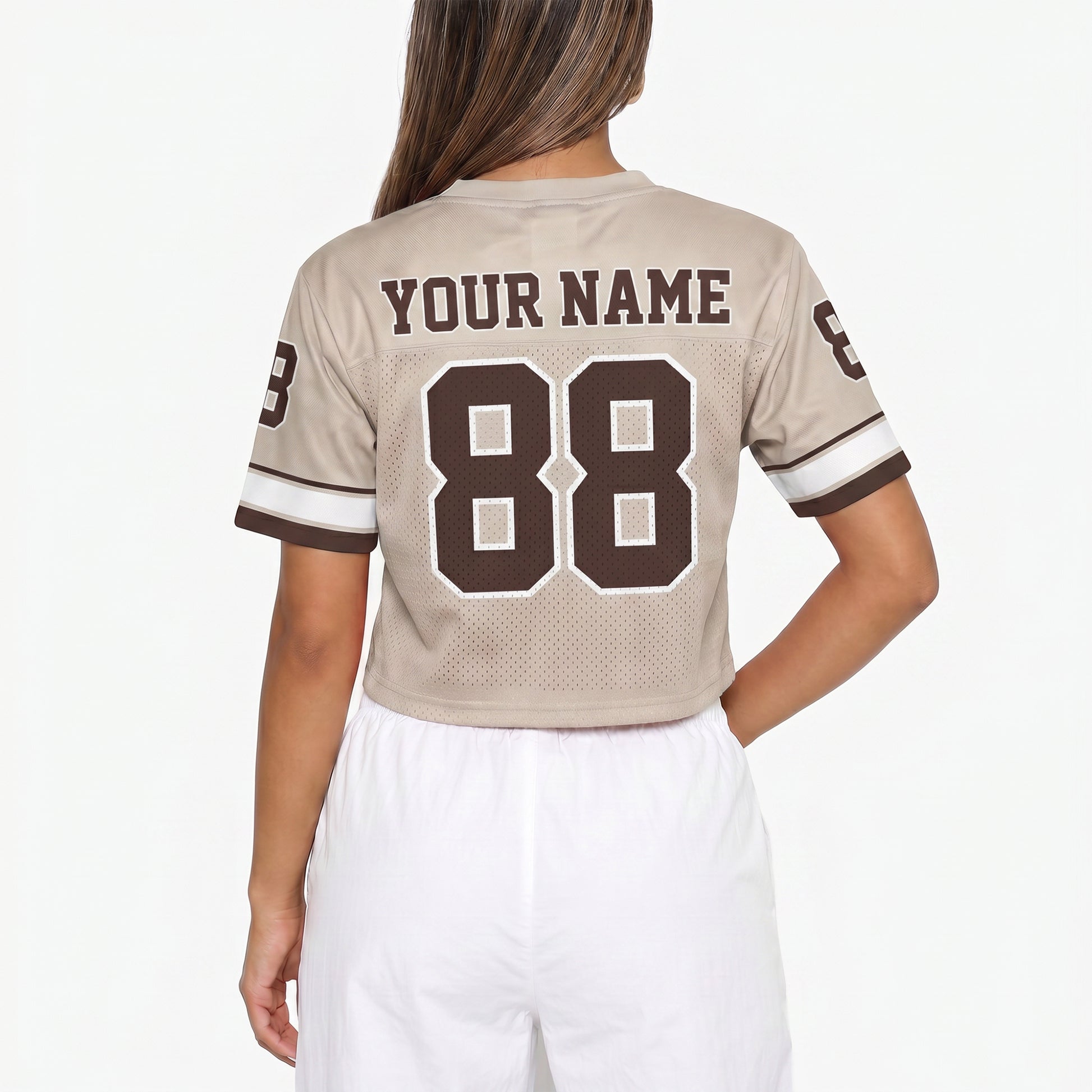 Custom Women's Crop Football Jersey Beige and Brown - Design Your Own