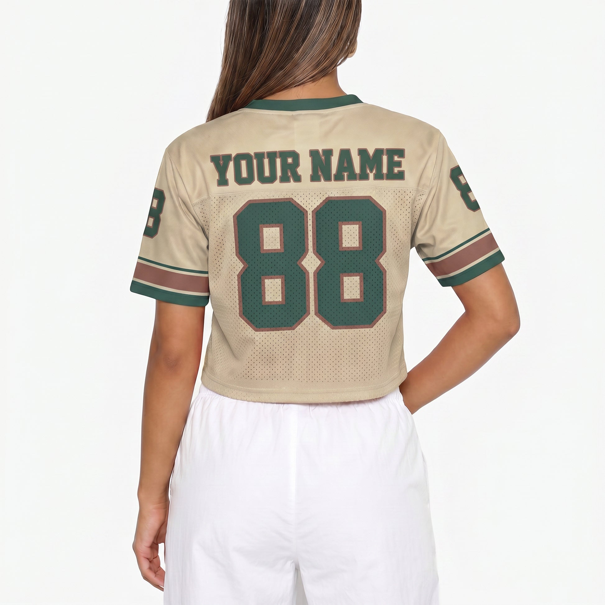 Custom Women's Crop Football Jersey Beige and Green - Design Your Own