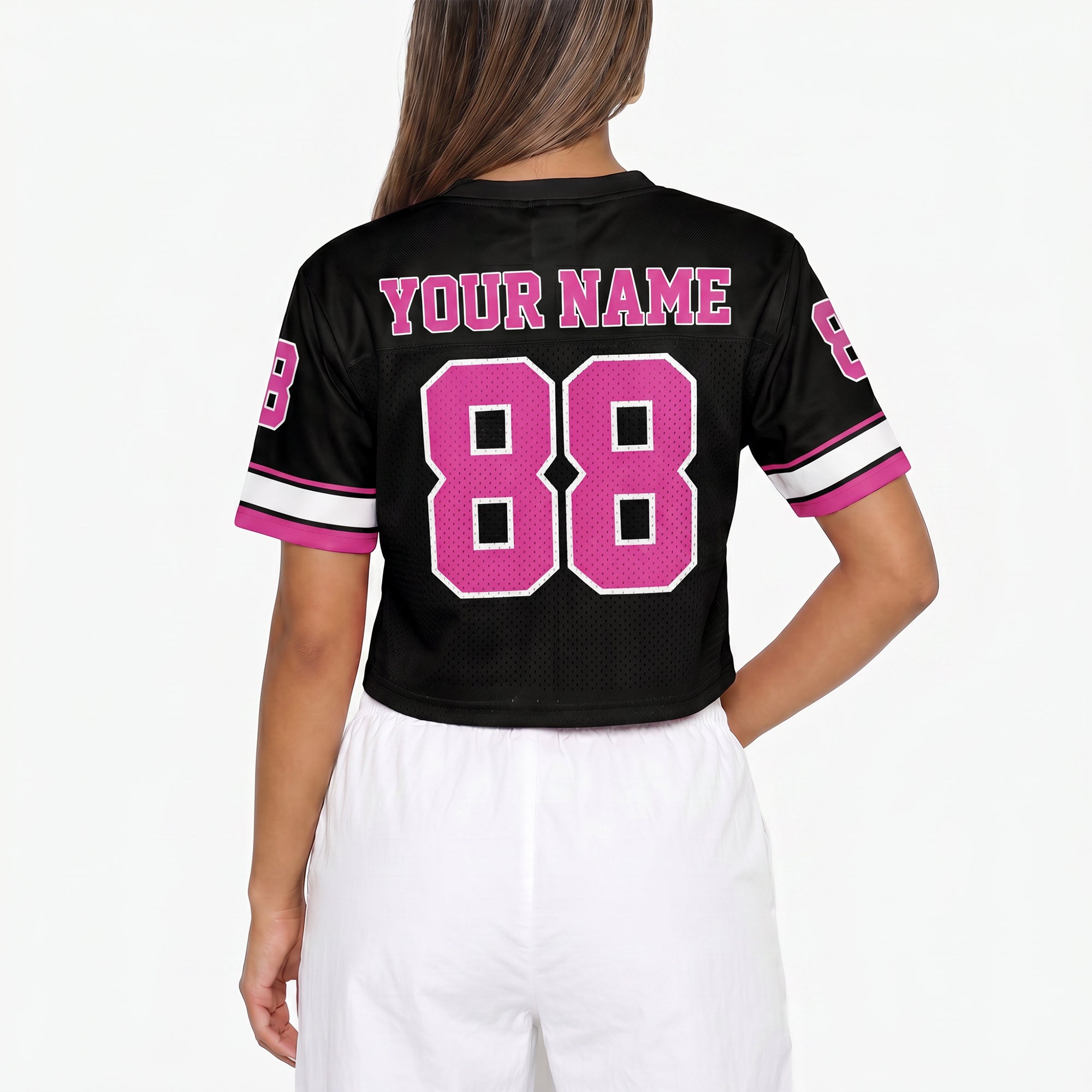 Custom Women's Crop Football Jersey Black and Pink - Design Your Own