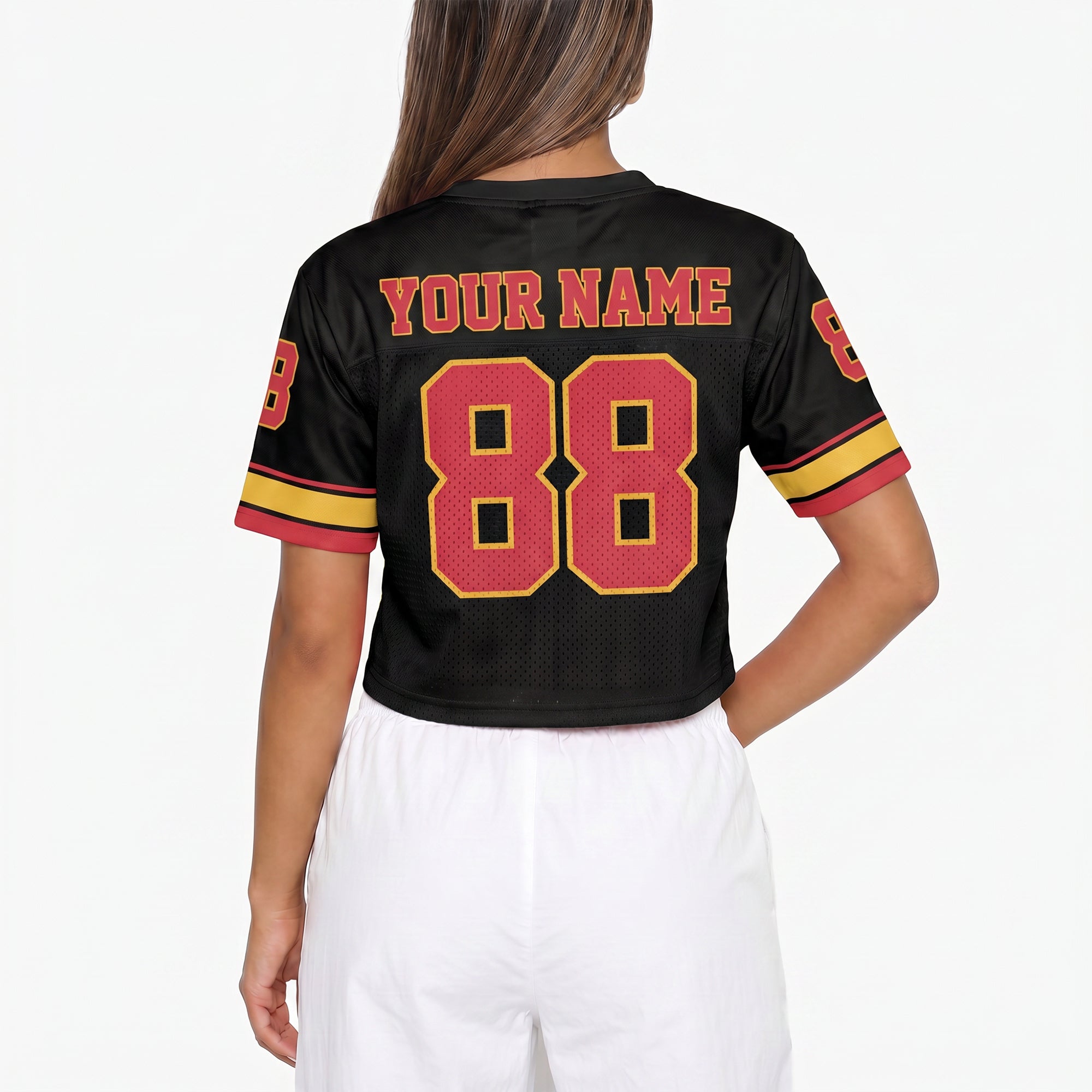 Custom Women's Crop Football Jersey Black Red and Yellow - Design Your Own
