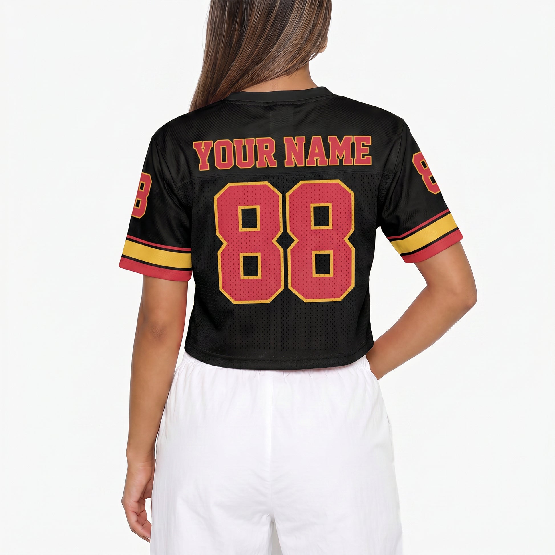 Custom Women's Crop Football Jersey Black Red and Yellow - Design Your Own