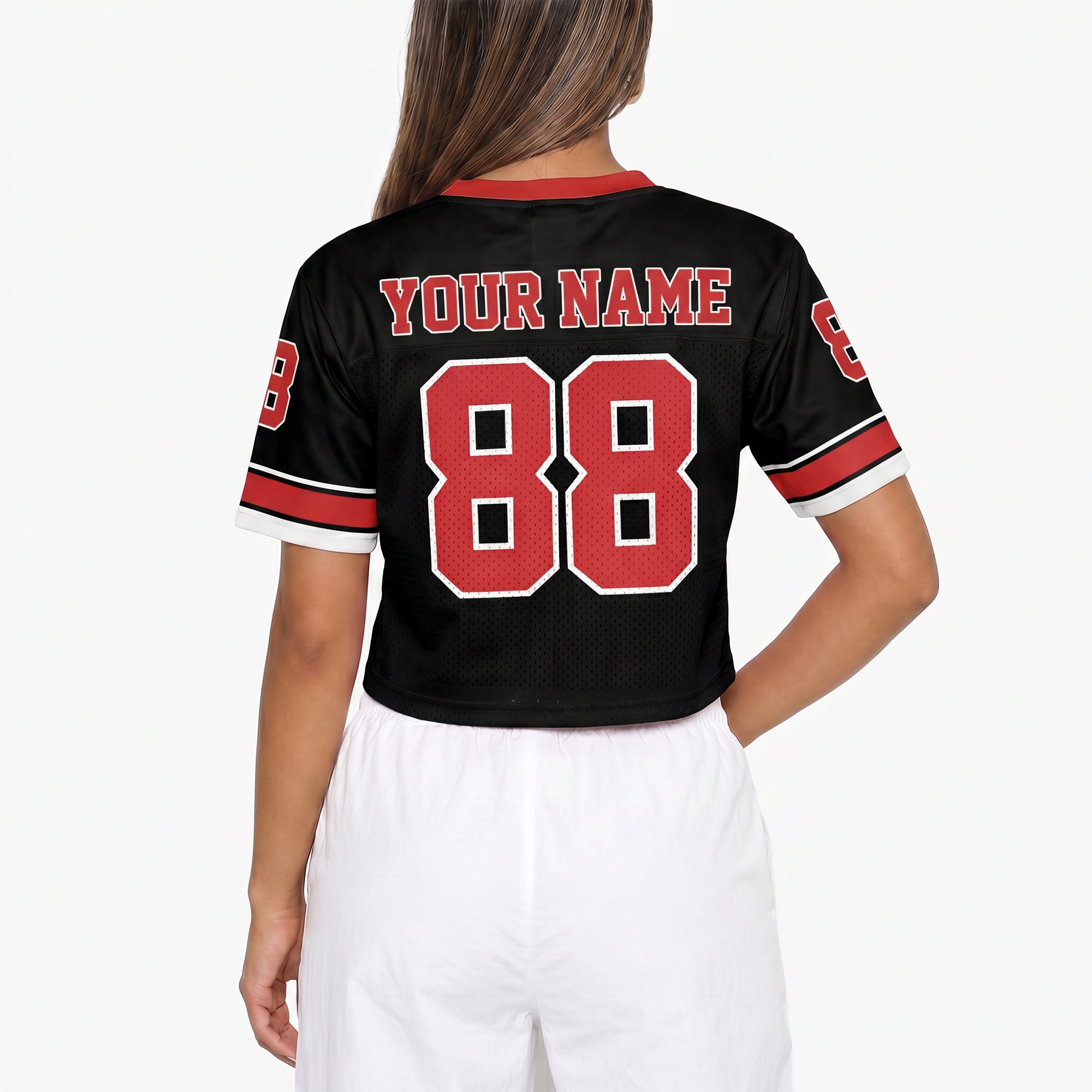 Custom Women's Crop Football Jersey Black and Red - Design Your Own