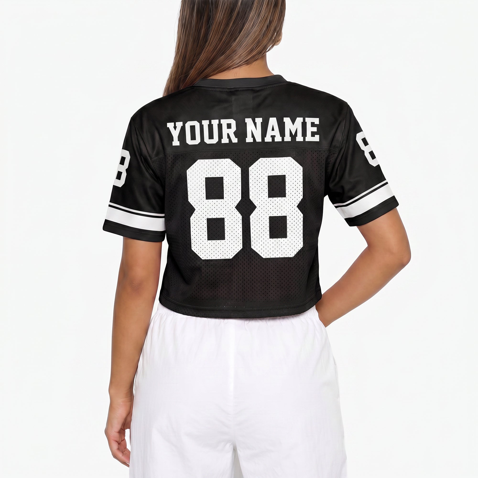 Custom Women's Crop Football Jersey Black and White - Design Your Own