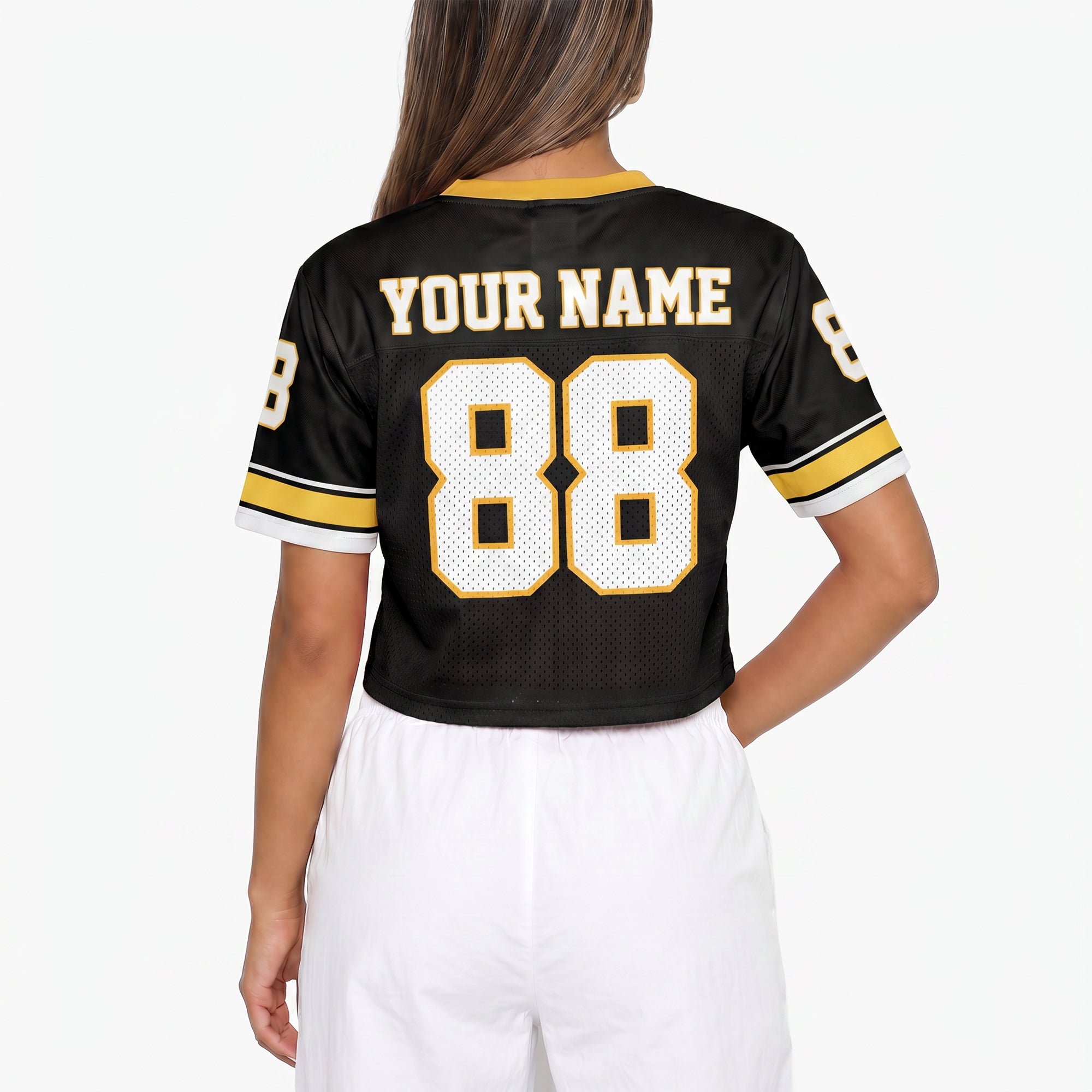 Custom Women's Crop Football Jersey Black and Yellow - Design Your Own