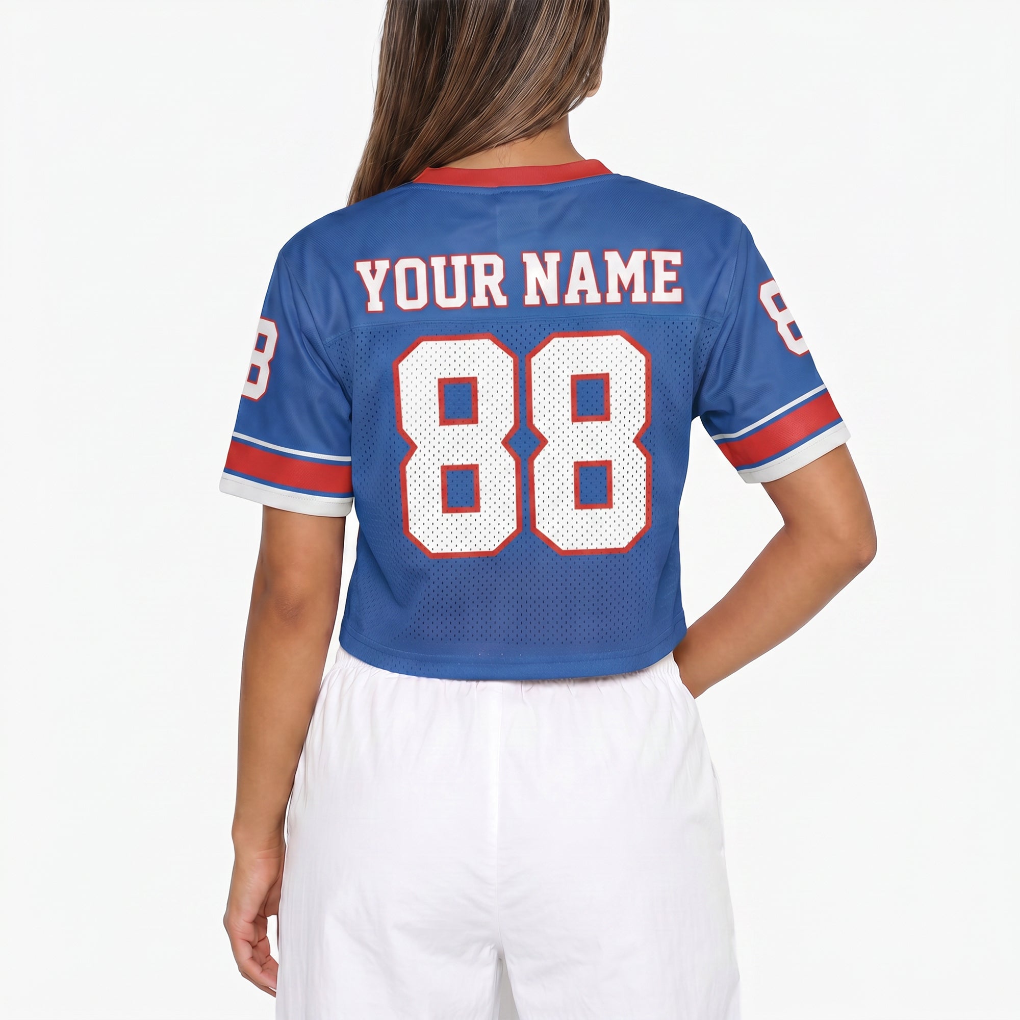 Custom Women's Crop Football Jersey Blue and Red - Design Your Own