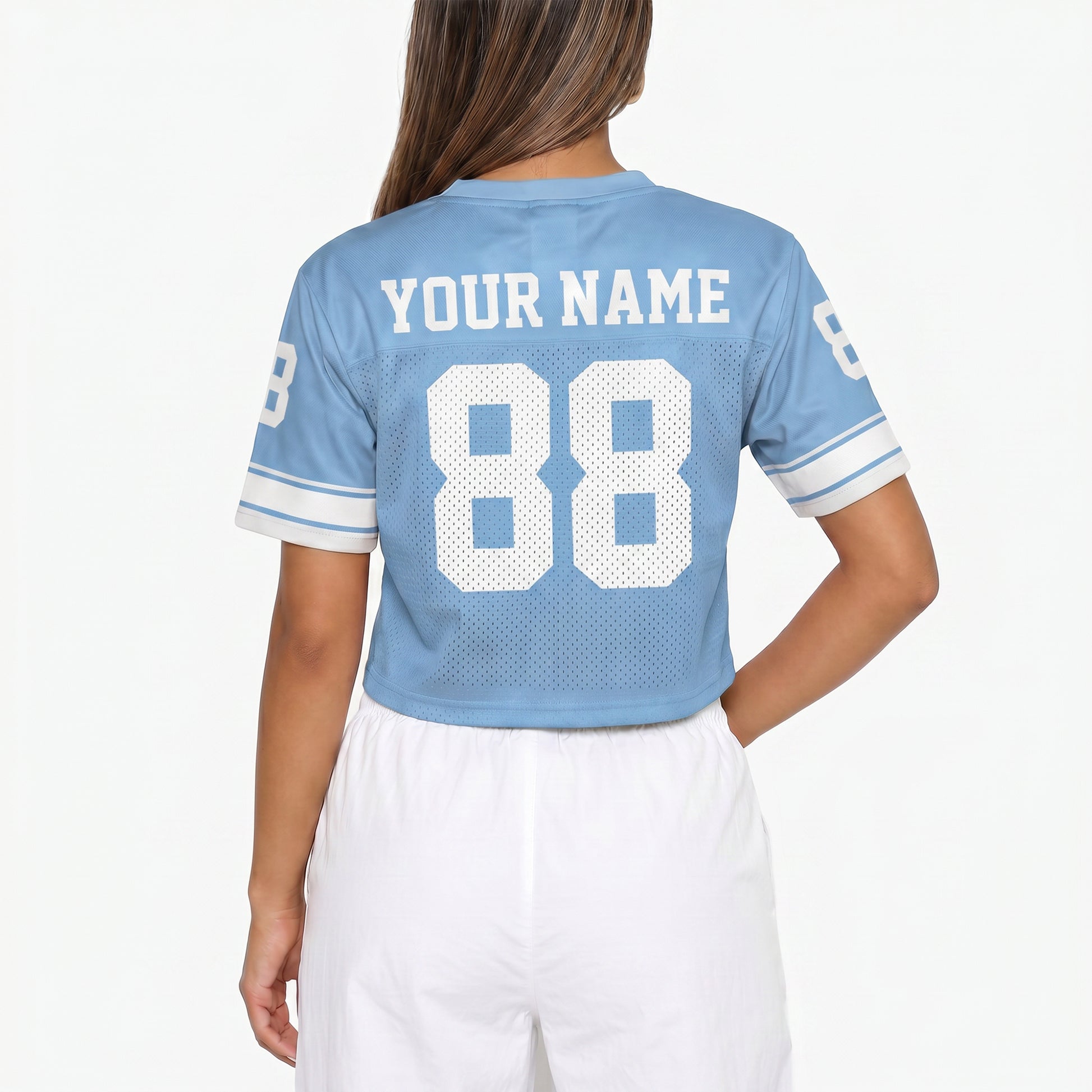 Custom Women's Crop Football Jersey Light Blue and White - Design Your Own
