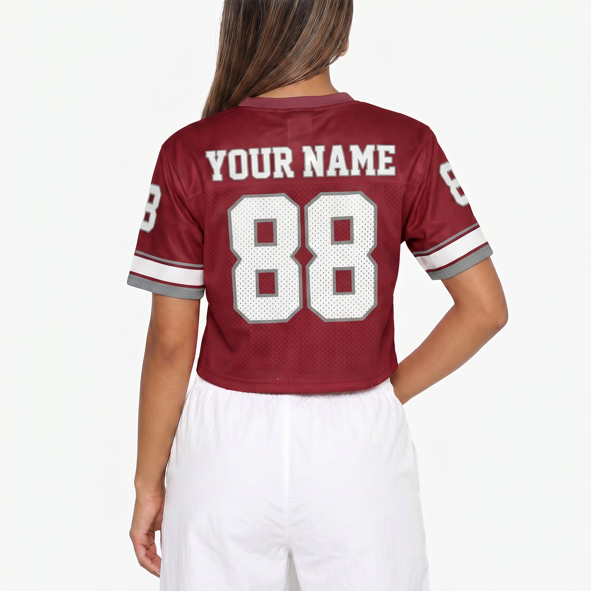 Custom Women's Crop Football Jersey Burgundy and White - Design Your Own