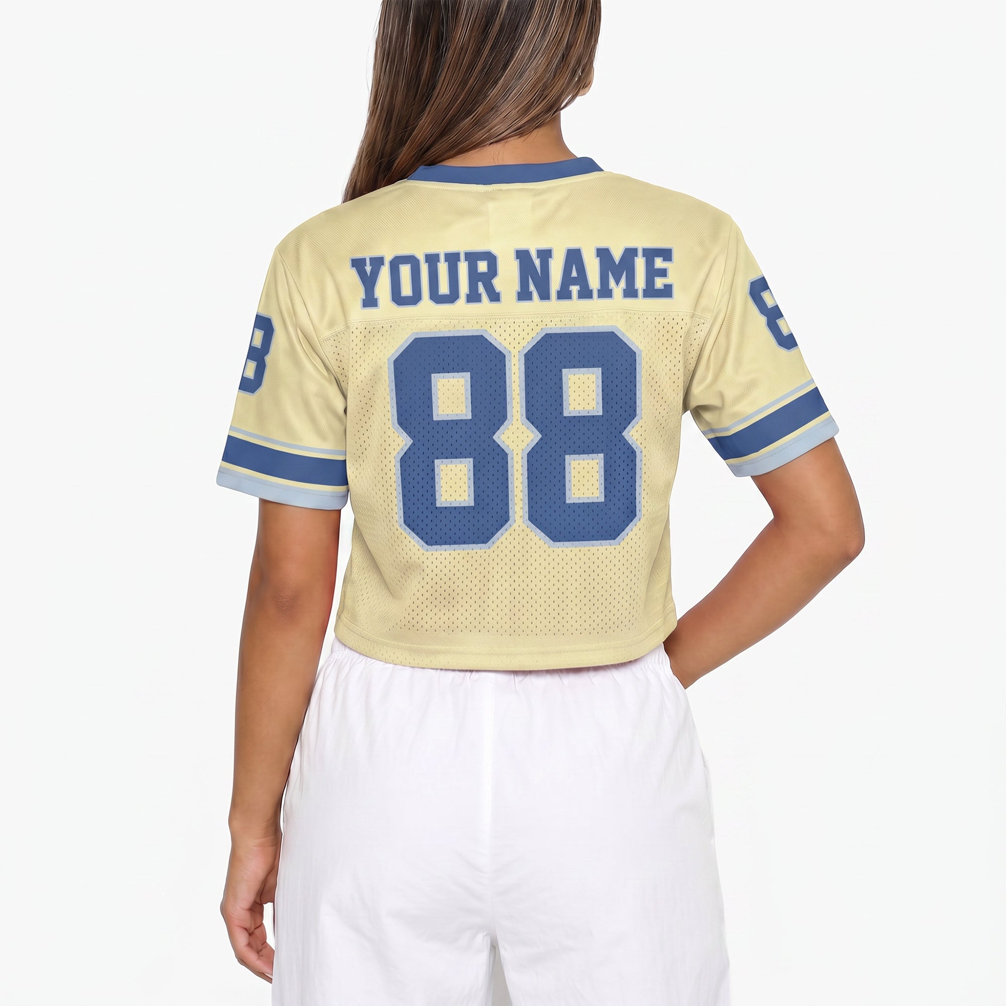 Custom Women's Crop Football Jersey Butter Yellow and Blue - Design Your Own