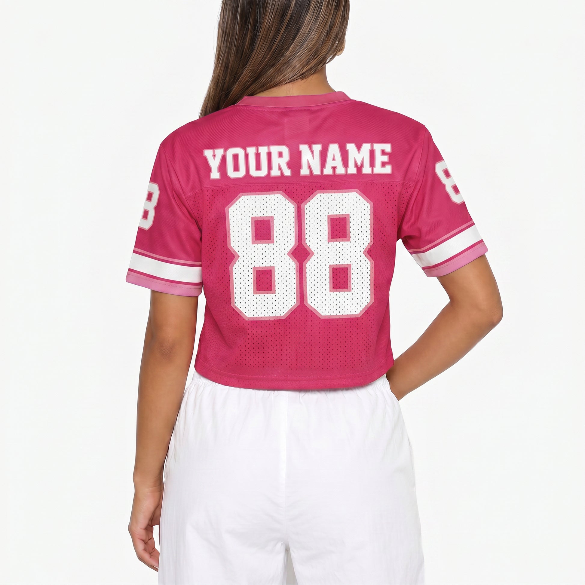 Custom Women's Crop Football Jersey Hot Pink and White - Design Your Own