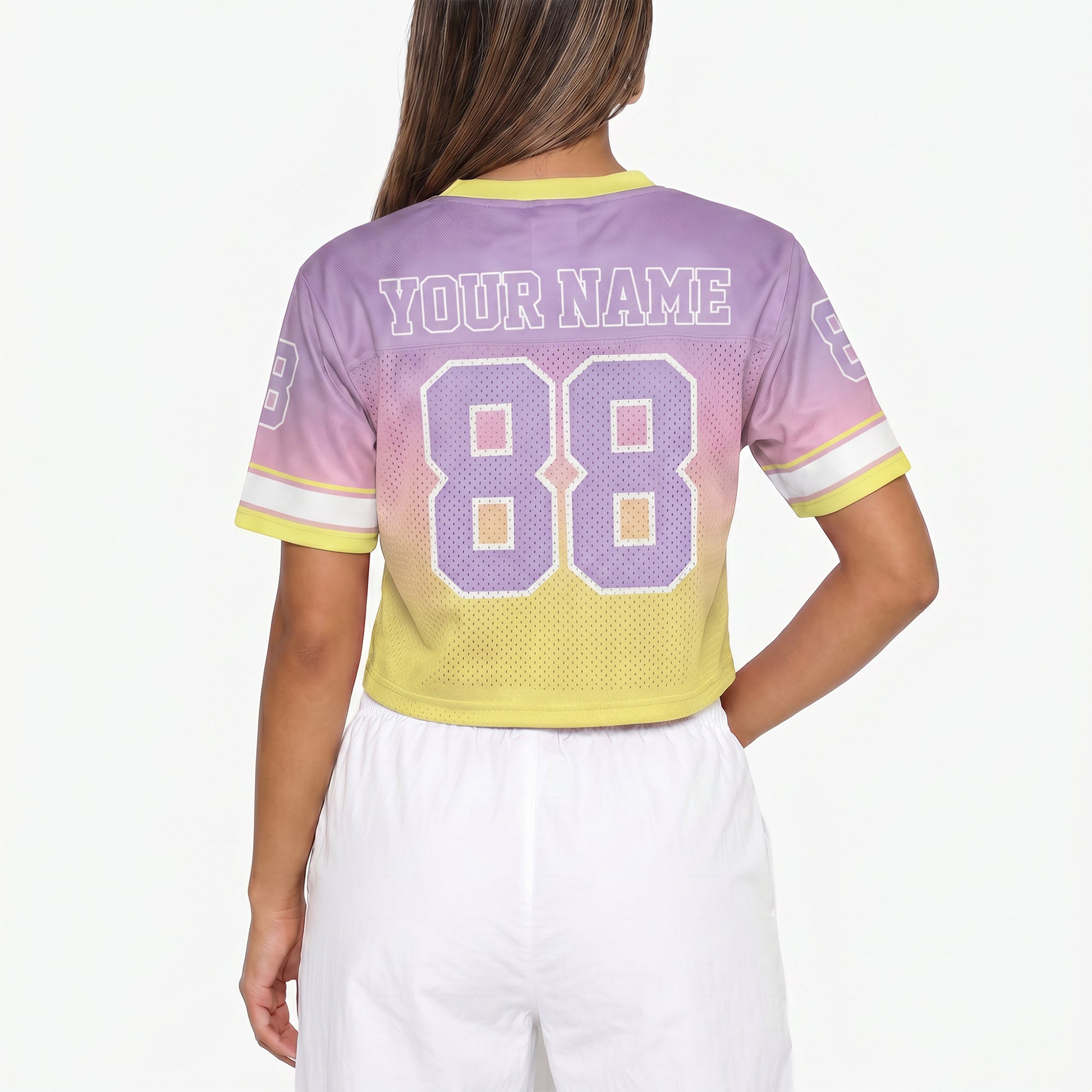 Custom Women's Crop Football Jersey Yellow and Lilac Gradient - Design Your Own