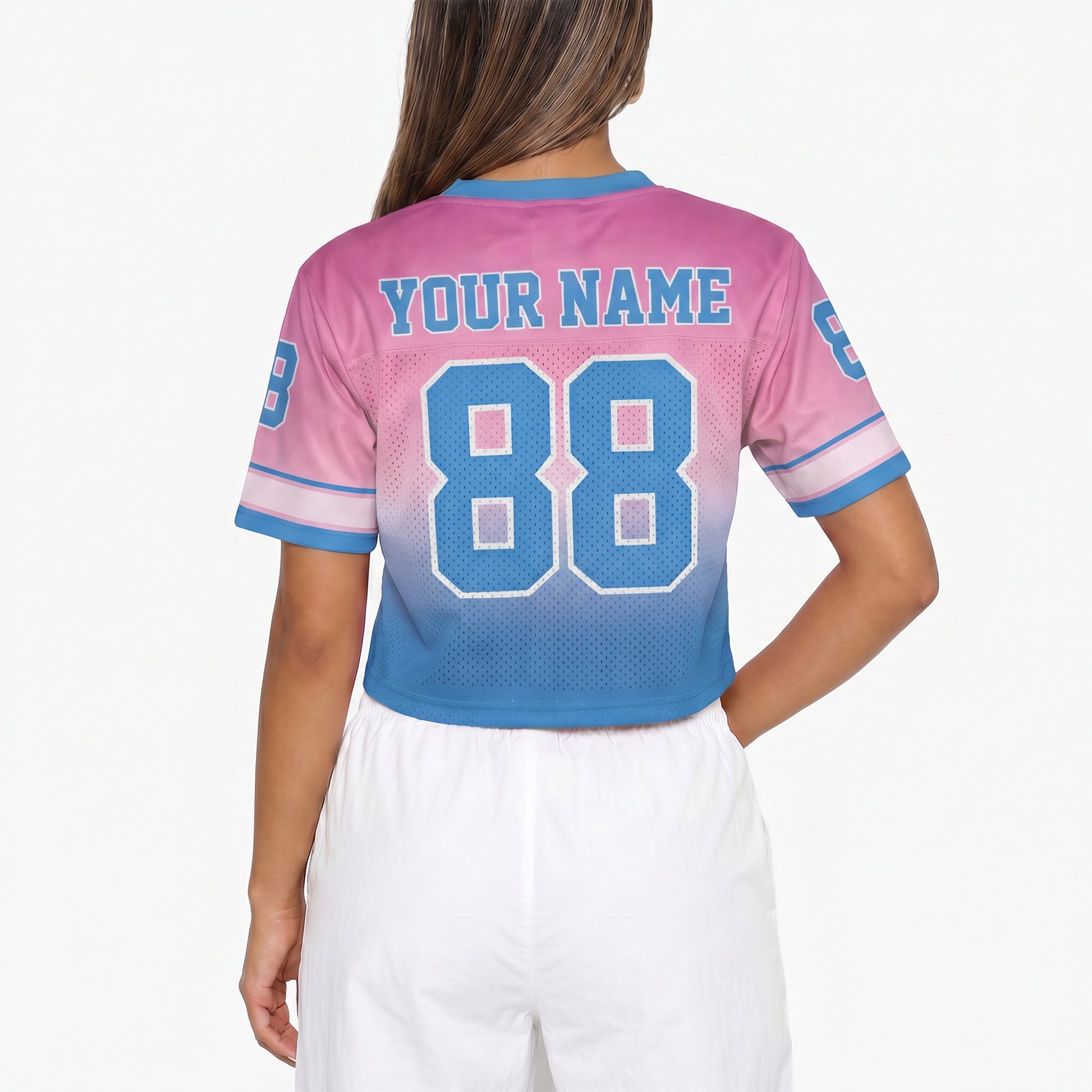 Custom Women's Crop Football Jersey Blue and Pink Gradient - Design Your Own