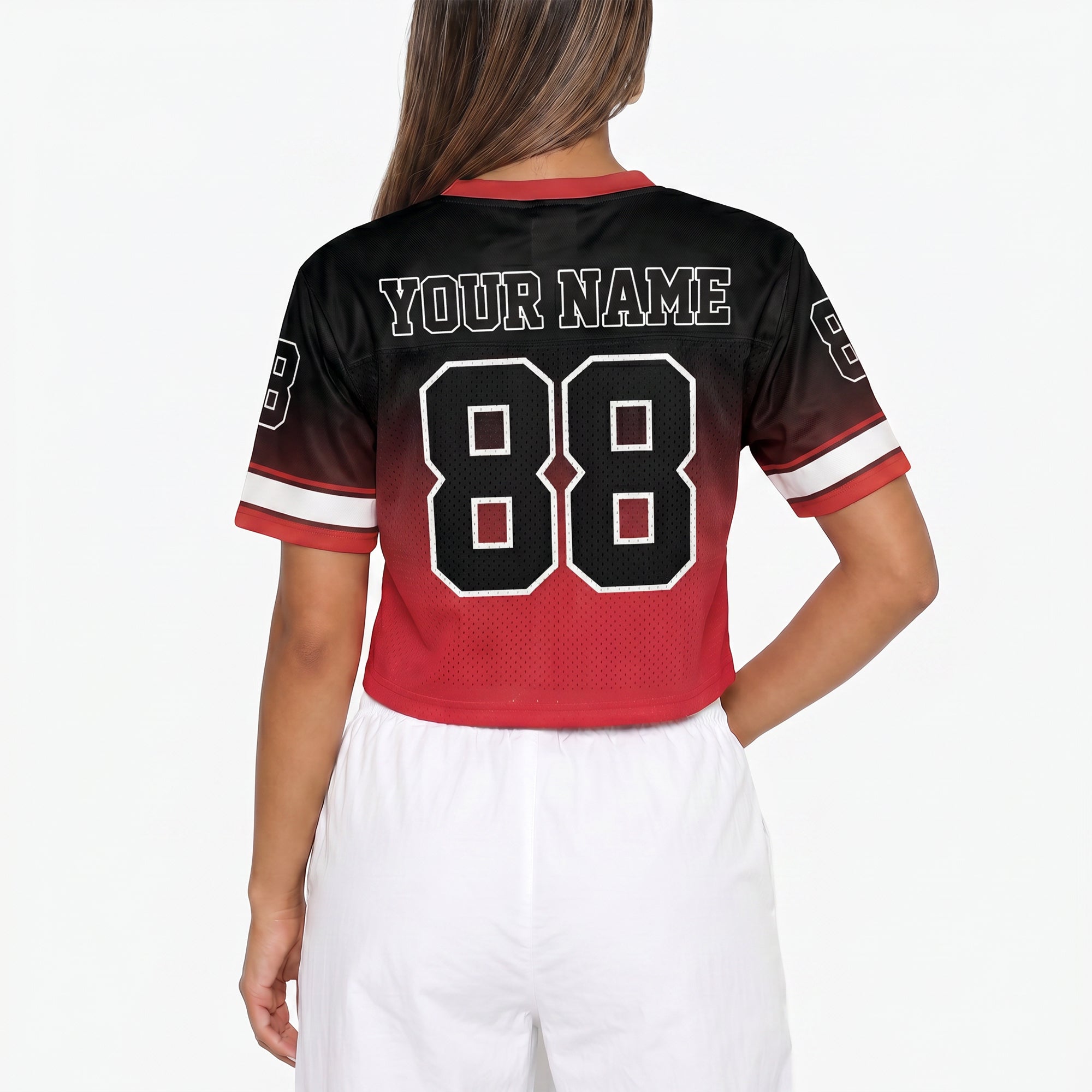 Custom Women's Crop Football Jersey Red and Black Gradient - Design Your Own