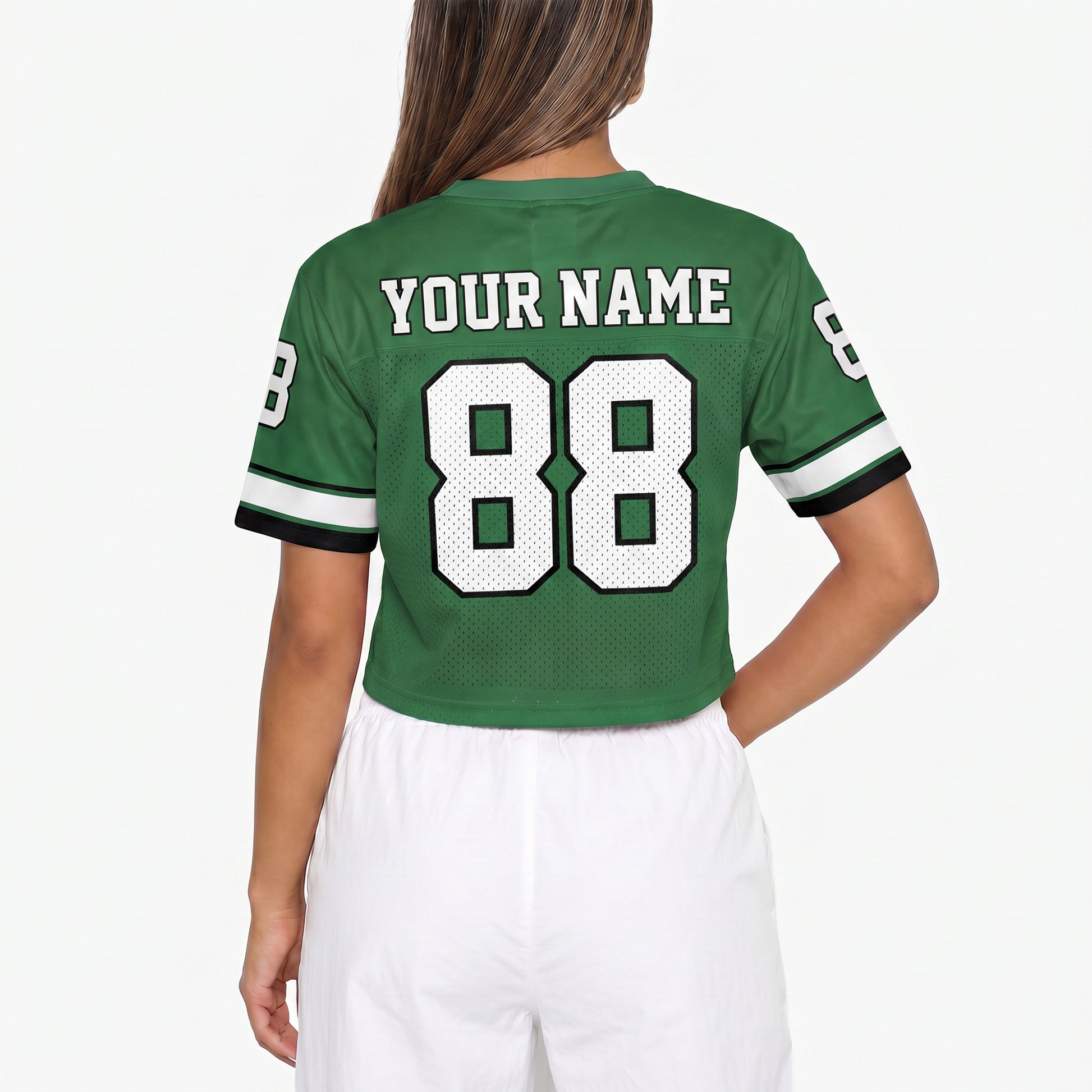 Custom Women's Crop Football Jersey Green and White - Design Your Own