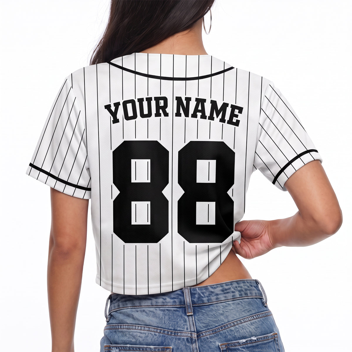 Custom Women's Crop Baseball Jersey White and Black Striped - Design Your Own