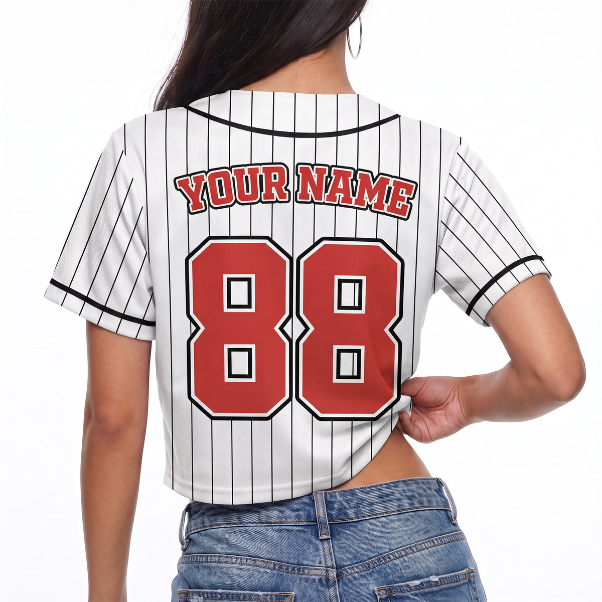 Custom Women's Crop Baseball Jersey White Black and Red Striped - Design Your Own