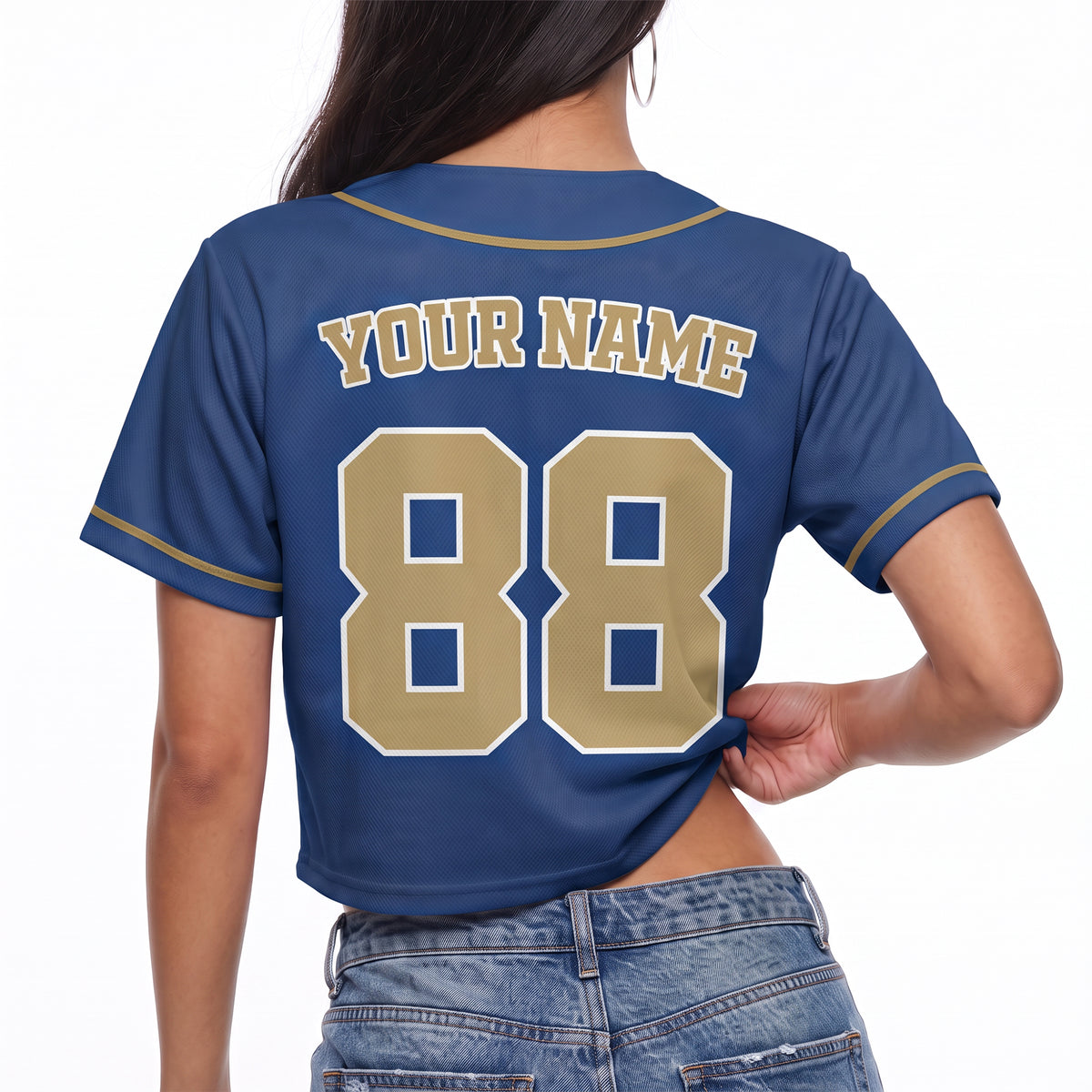 Custom Women's Crop Baseball Jersey Blue and Gold - Design Your Own