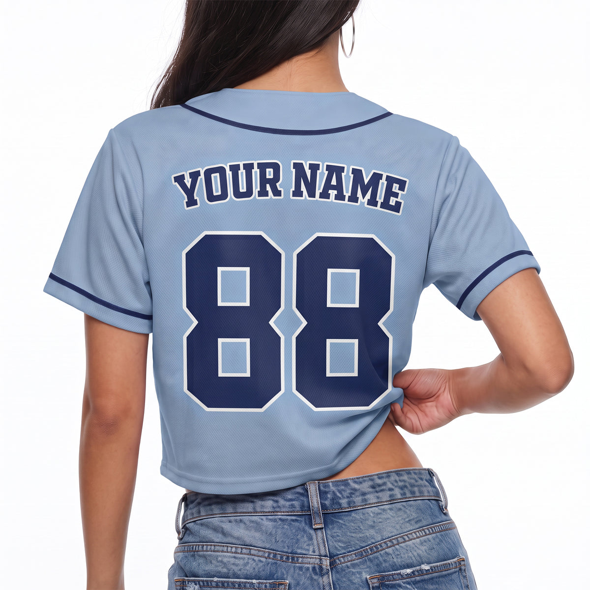 Custom Women's Crop Baseball Jersey Light Blue and Navy - Design Your Own