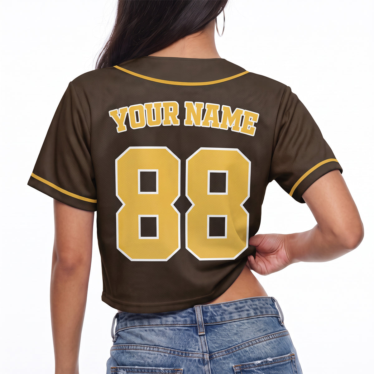 Custom Women's Crop Baseball Jersey Brown and Yellow - Design Your Own