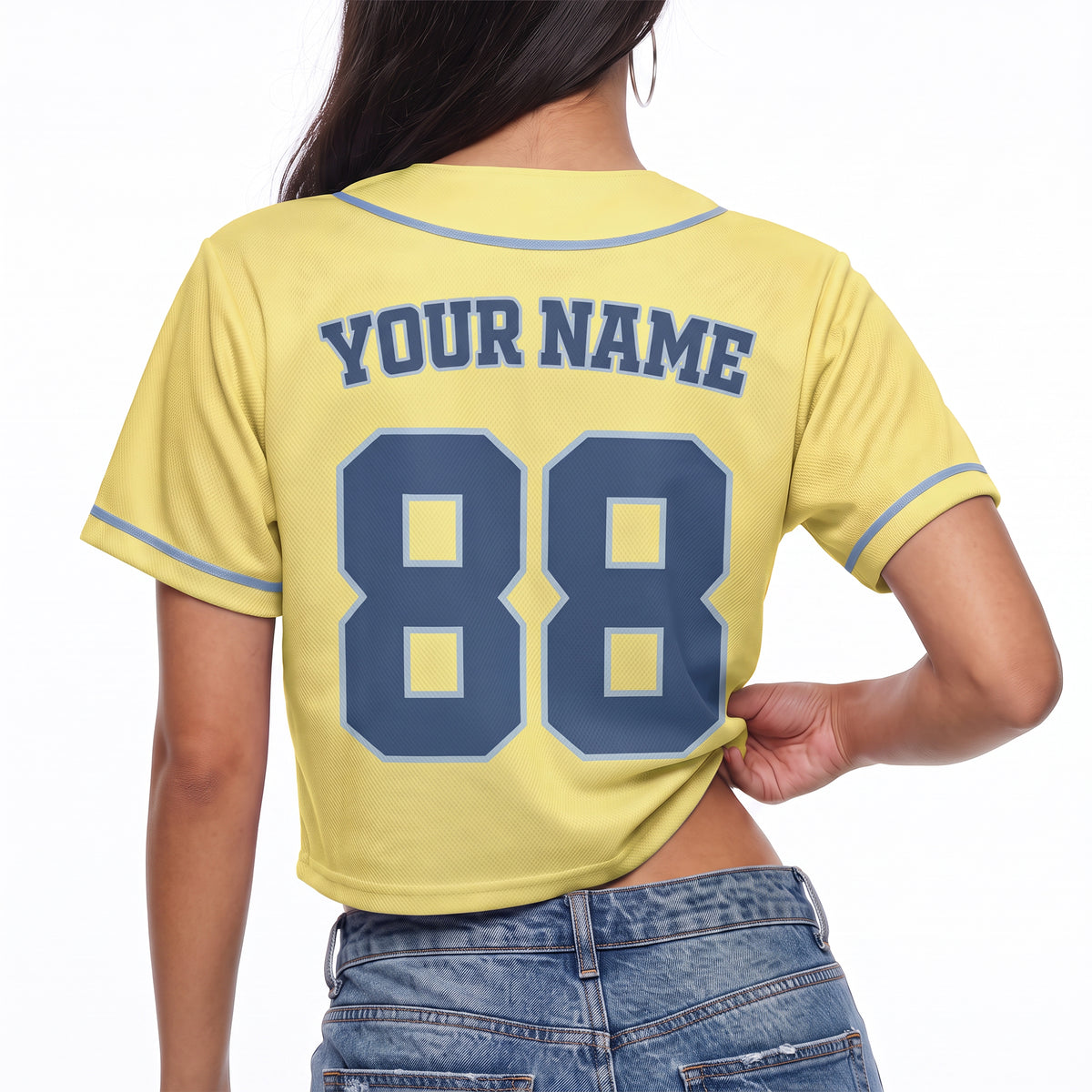 Custom Women's Crop Baseball Jersey Butter and Light Blue - Design Your Own