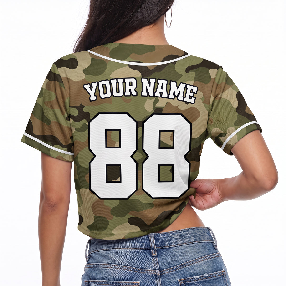 Custom Women's Crop Baseball Jersey Green Camouflage - Design Your Own