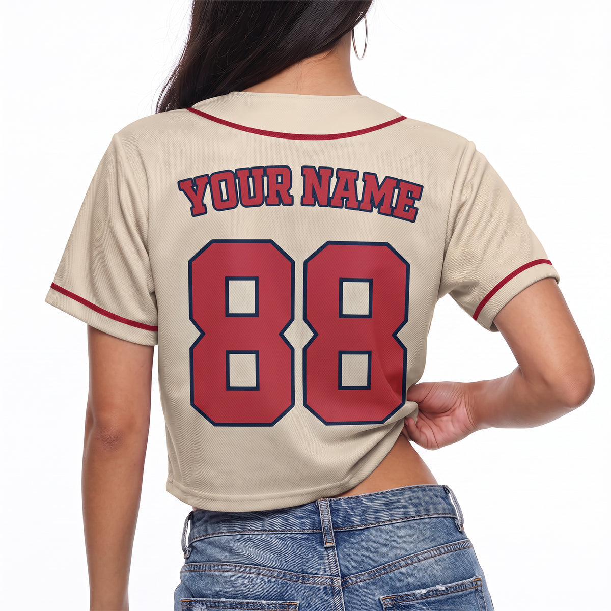 Custom Women's Crop Baseball Jersey Cream and Red - Design Your Own