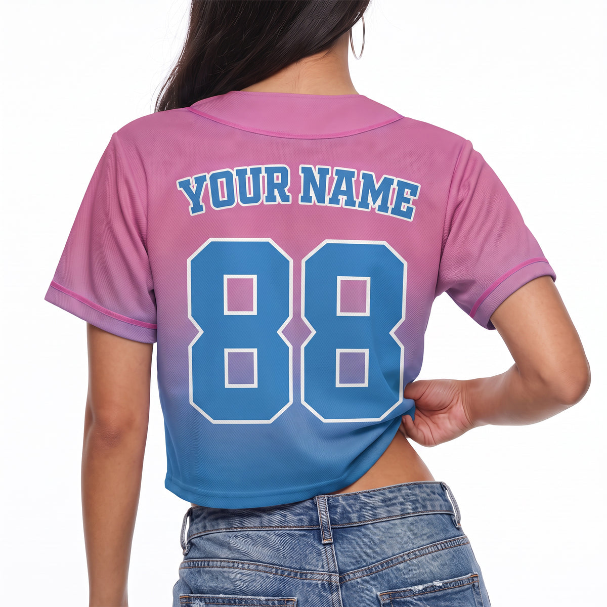 Custom Women's Crop Baseball Jersey Pink and Blue Gradient - Design Your Own