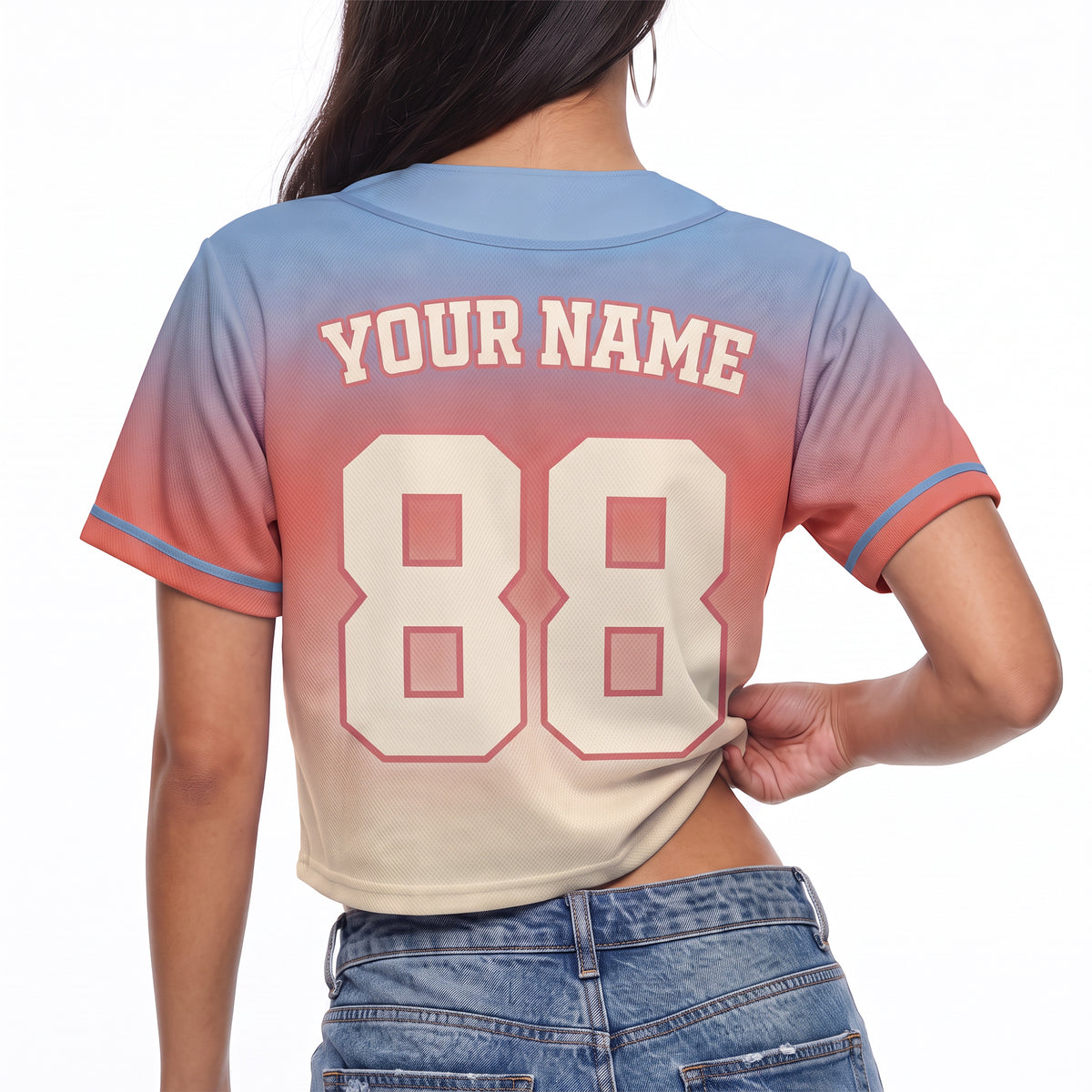 Custom Women's Crop Baseball Jersey Blue Peach and Cream Gradient - Design Your Own