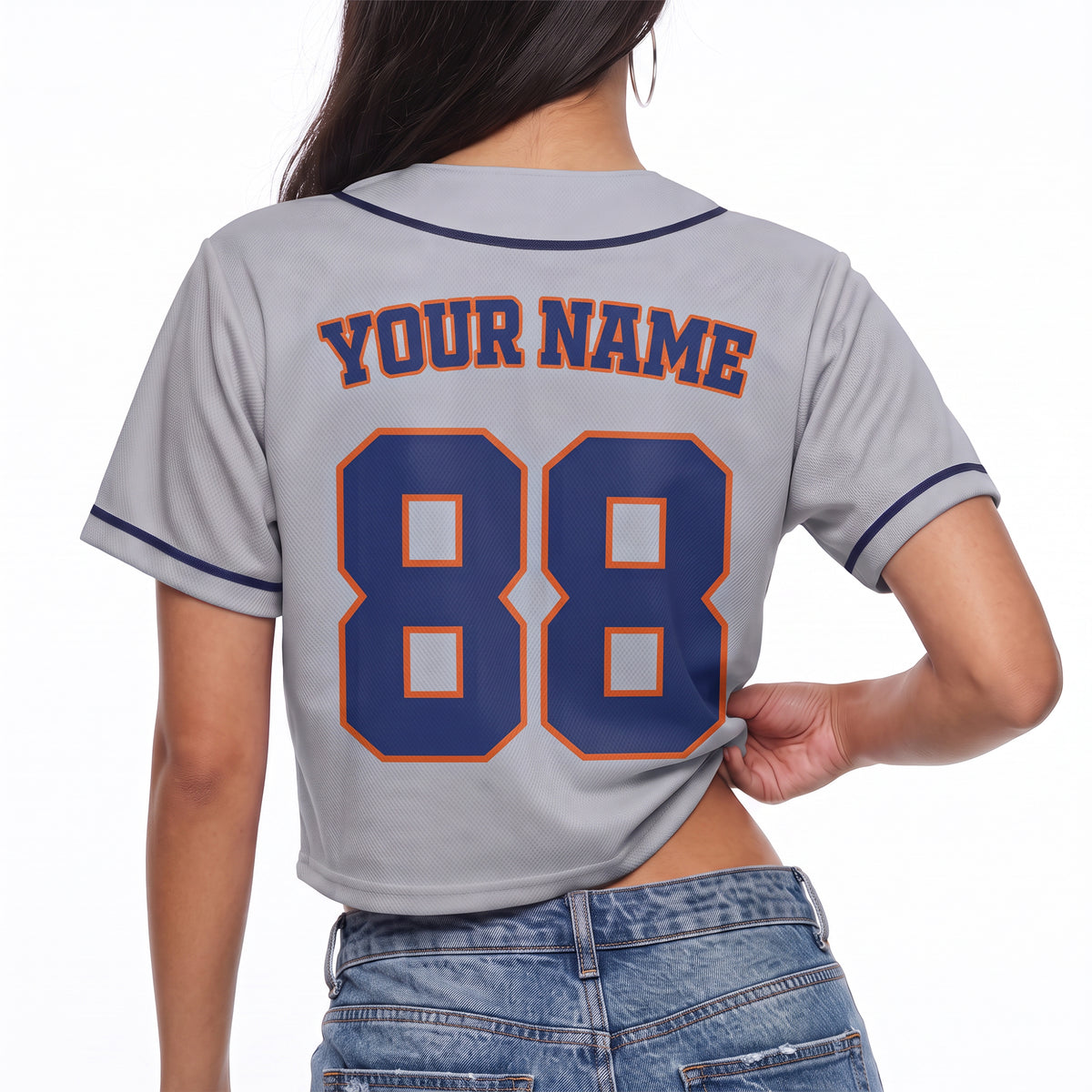 Custom Women's Crop Baseball Jersey Gray and Navy - Design Your Own