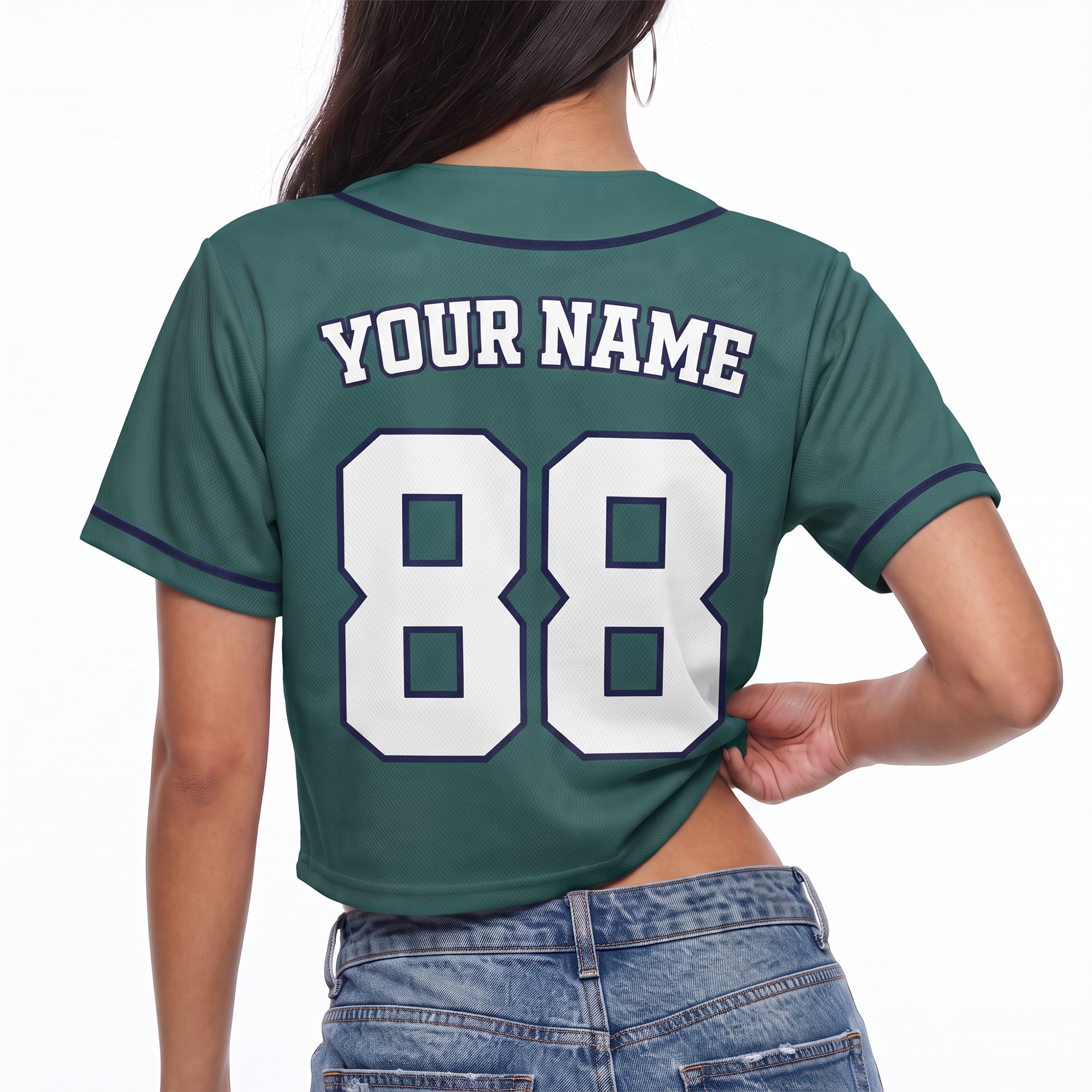 Custom Women's Crop Baseball Jersey Dark Teal and Navy - Design Your Own