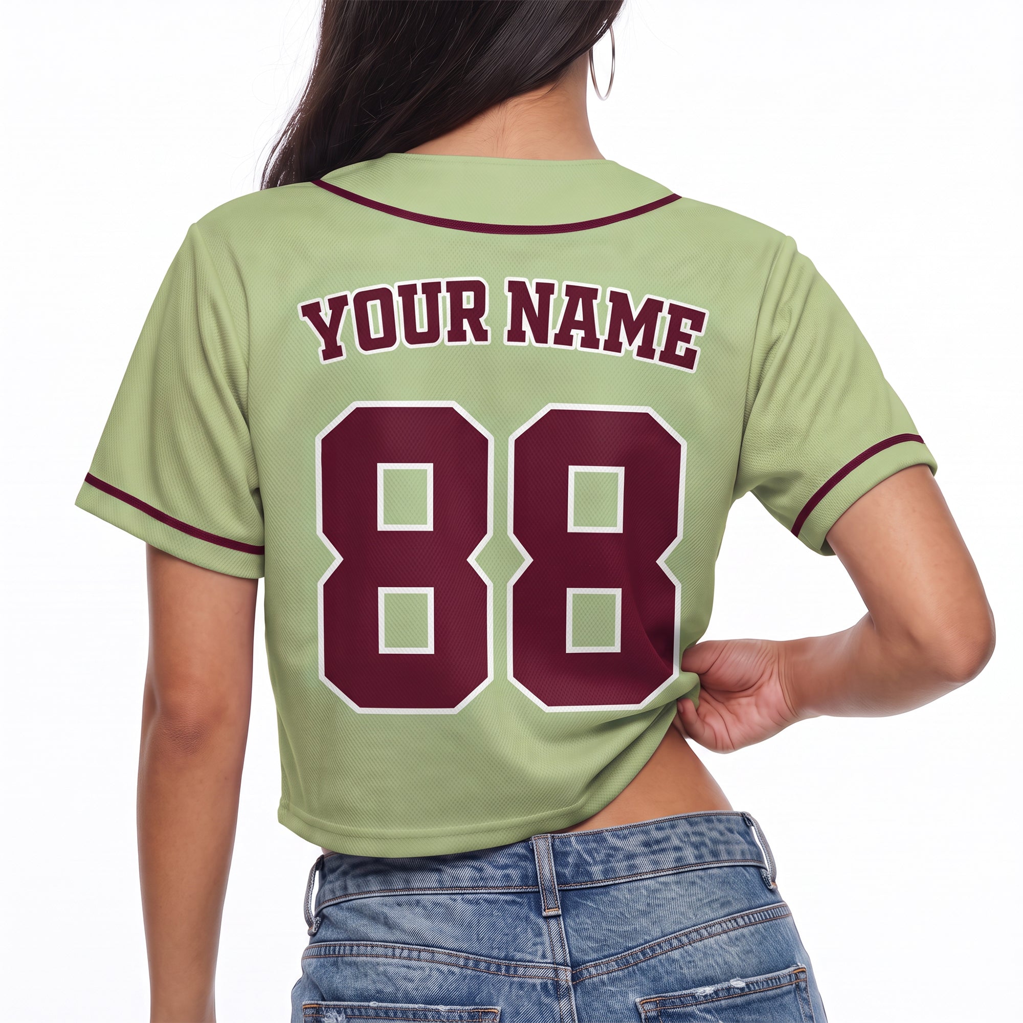 Custom Women's Crop Baseball Jersey Light Green and Cherry - Design Your Own