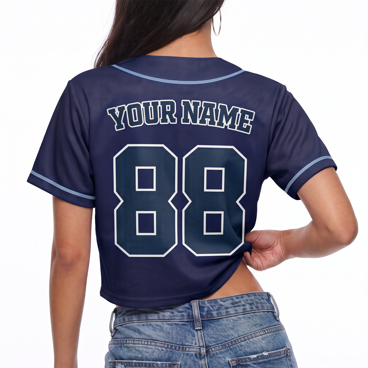 Custom Women's Crop Baseball Jersey Navy and Light Blue - Design Your Own