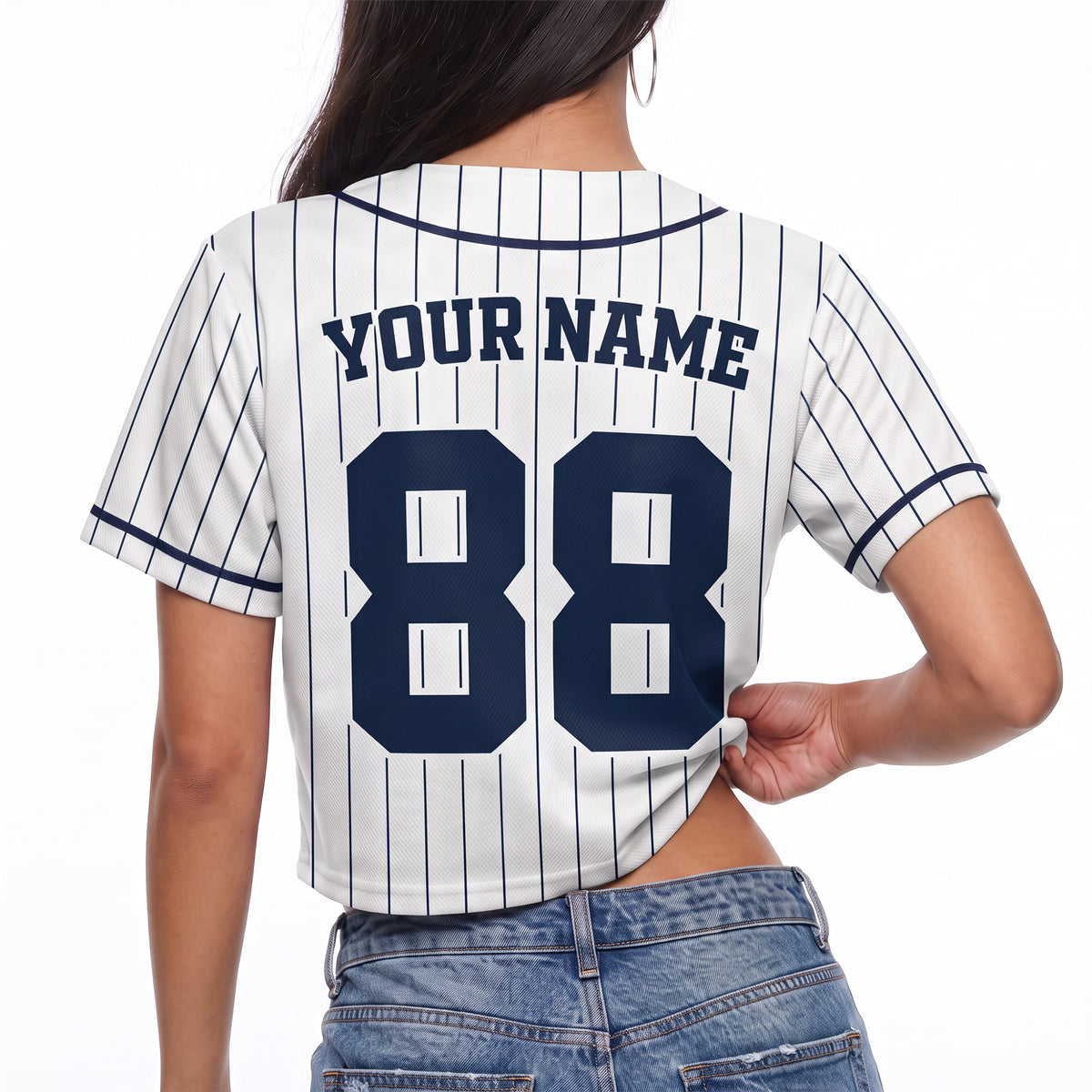 Custom Women's Crop Baseball Jersey White and Navy Striped - Design Your Own