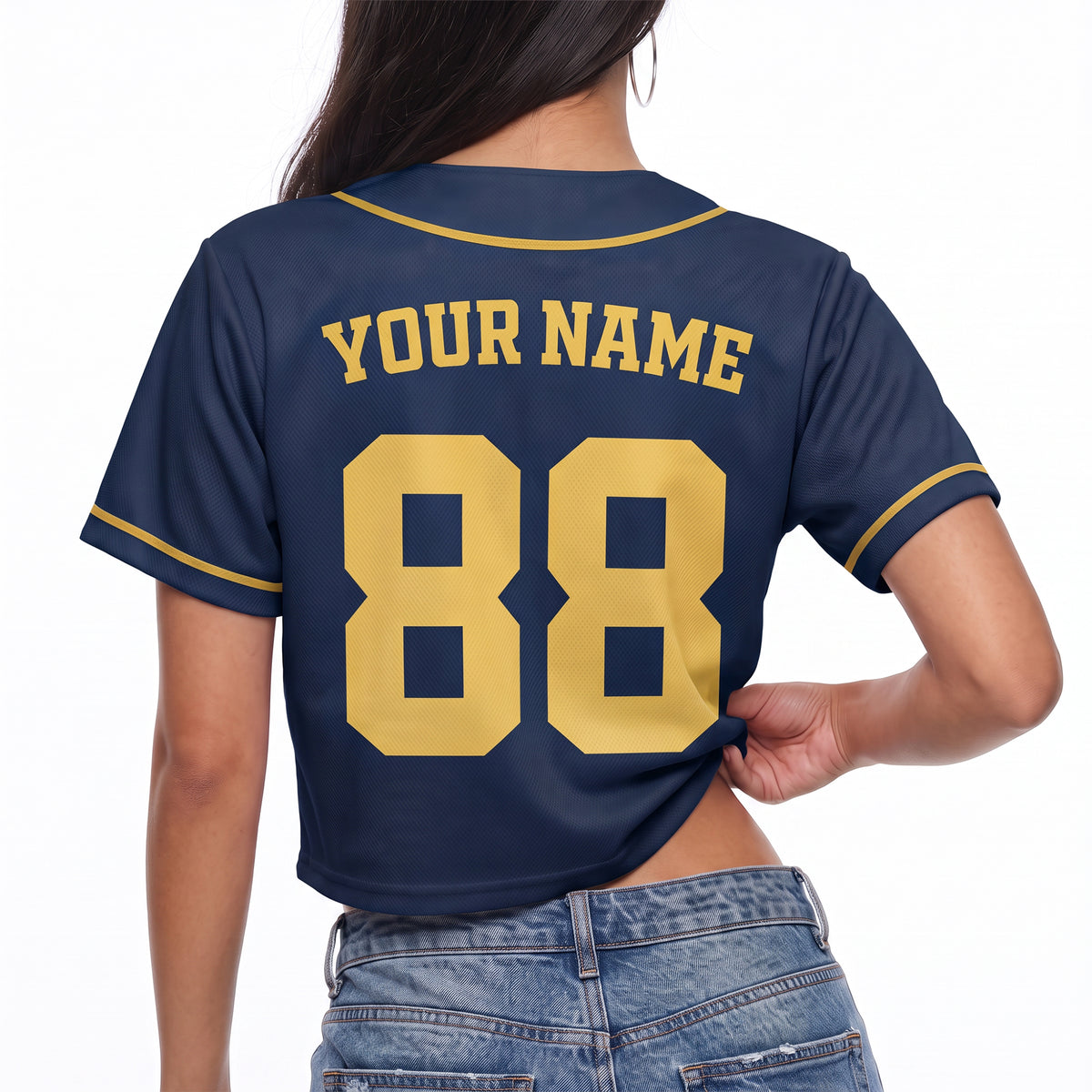 Custom Women's Crop Baseball Jersey Navy and Yellow - Design Your Own