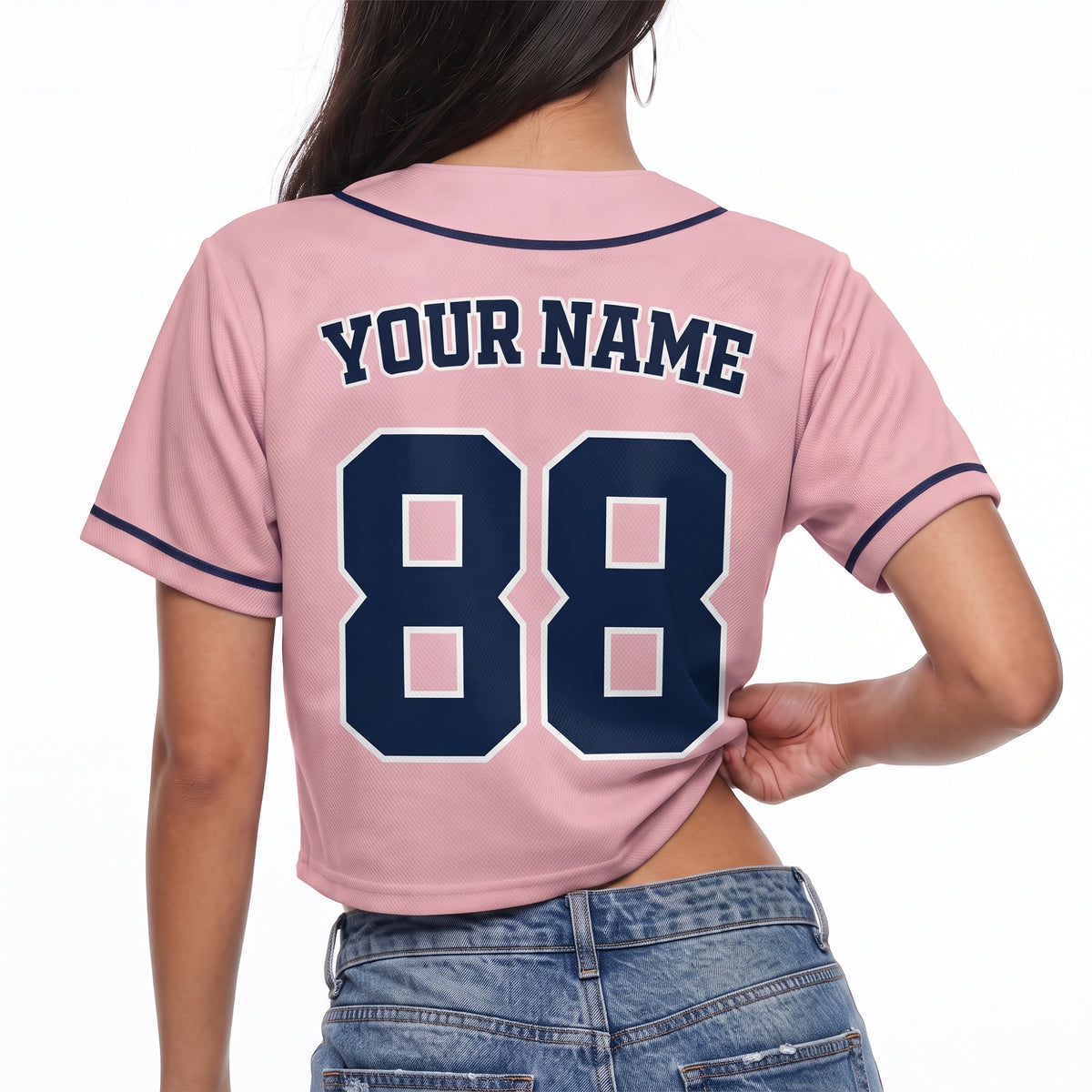 Custom Women's Crop Baseball Jersey Light Pink and Navy - Design Your Own