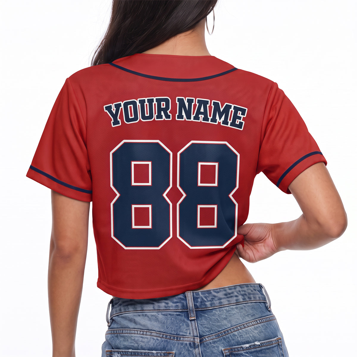 Custom Women's Crop Baseball Jersey Red and Navy - Design Your Own